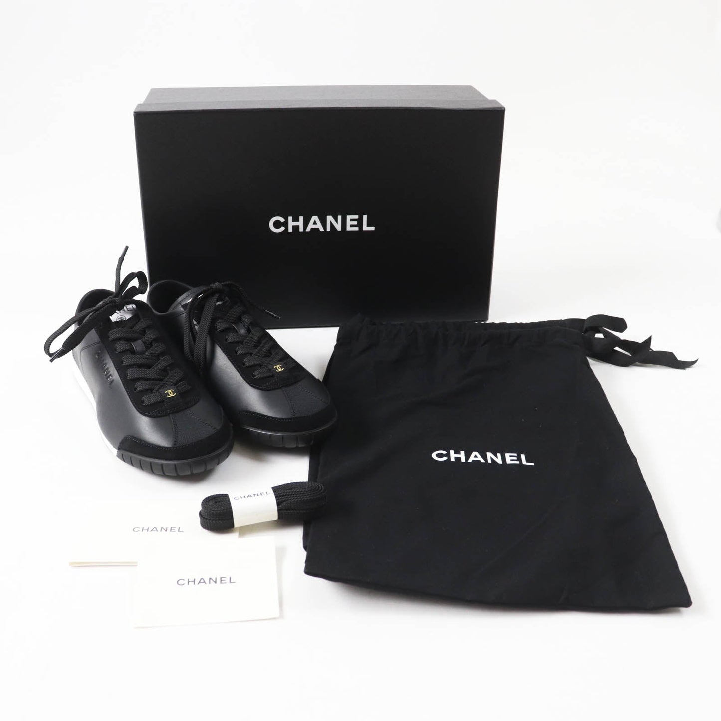 Chanel Calf Leather Suede Sneakers Black White 36