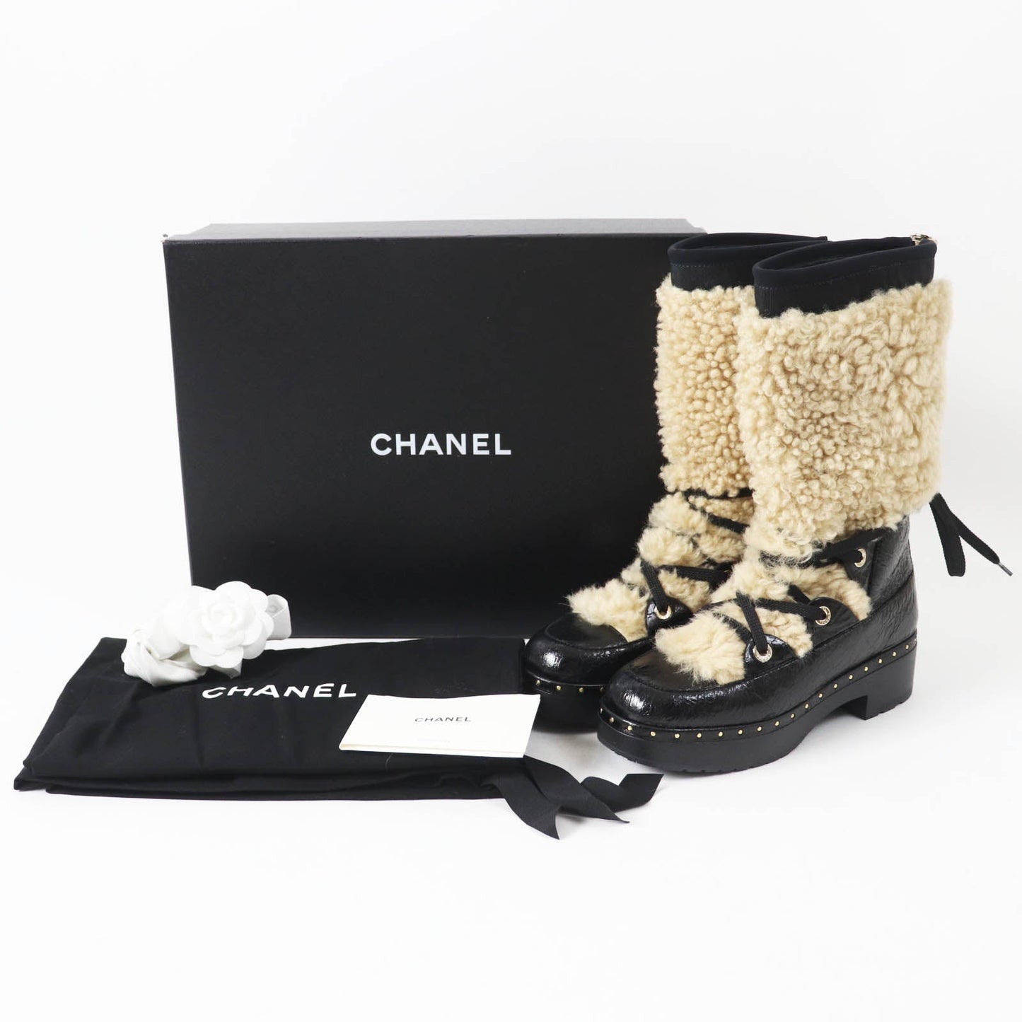 Chanel Leather Mouton Boots 37 Black Beige