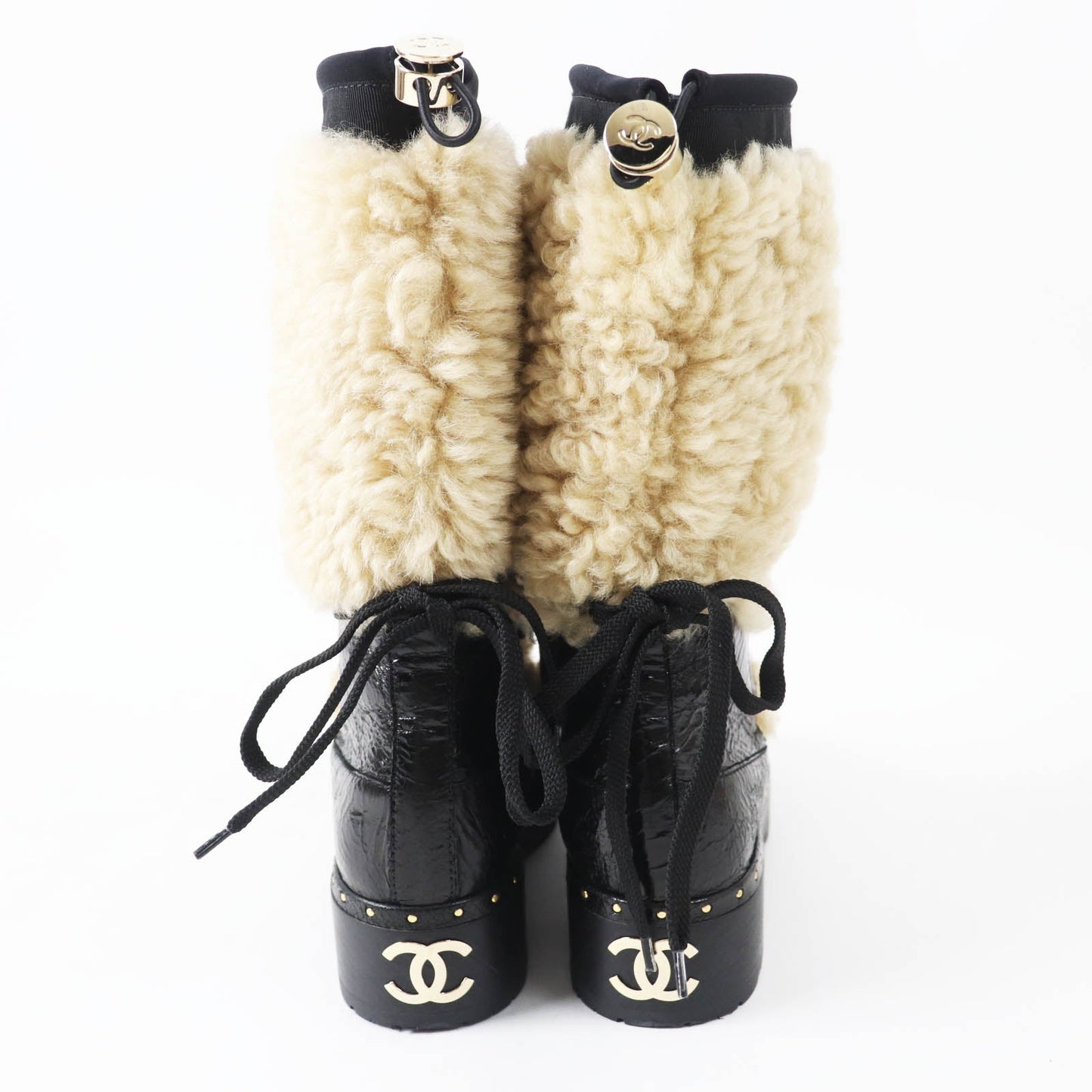 Chanel Leather Mouton Boots 37 Black Beige