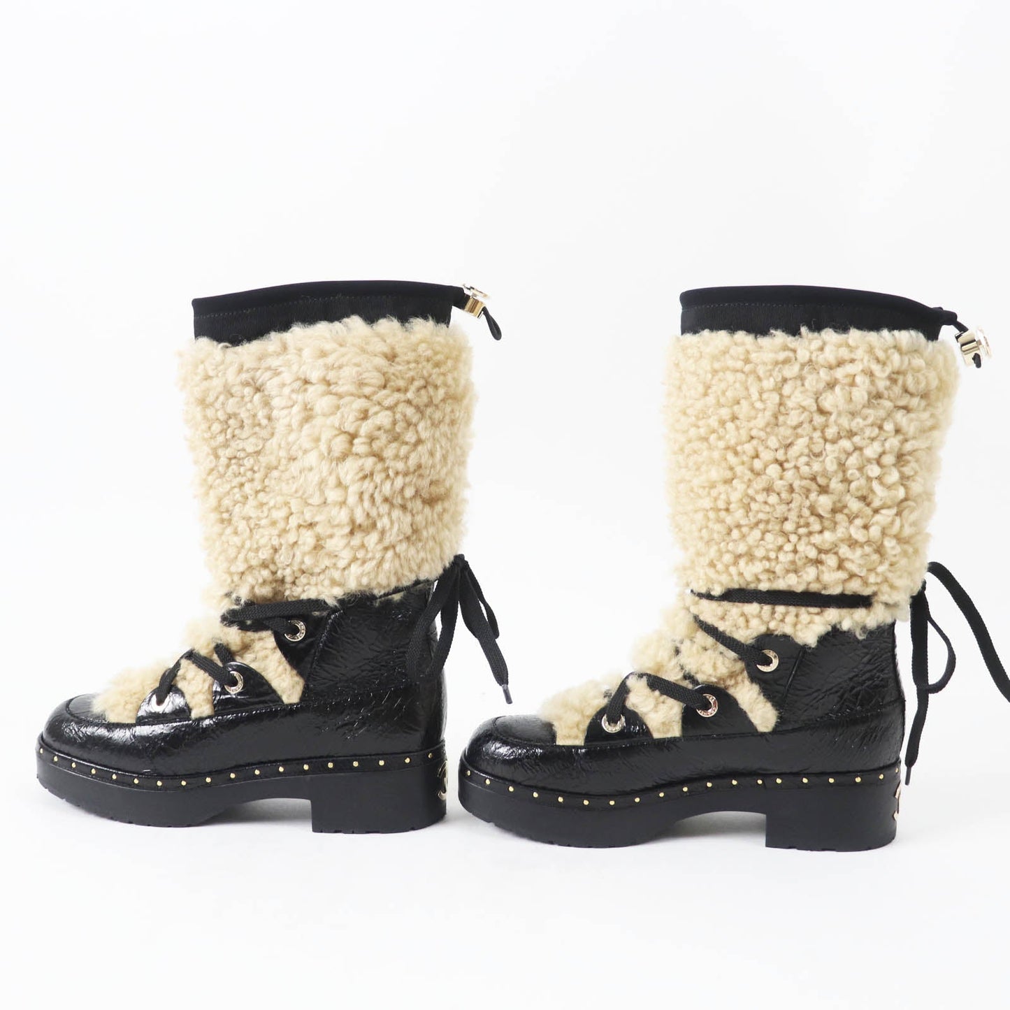 Chanel Leather Mouton Boots 37 Black Beige