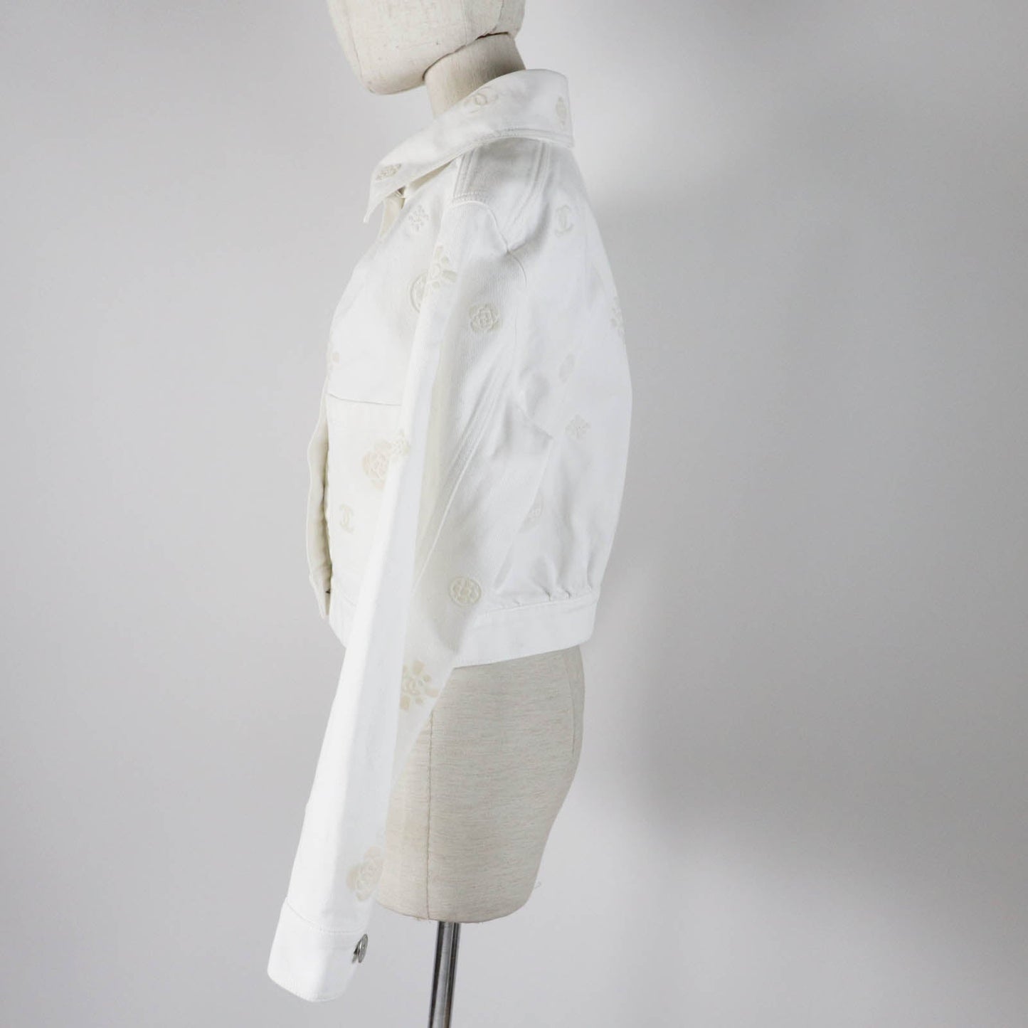 Chanel Cotton COCO Mark Button Camellia Embossed Cropped Denim Jacket
