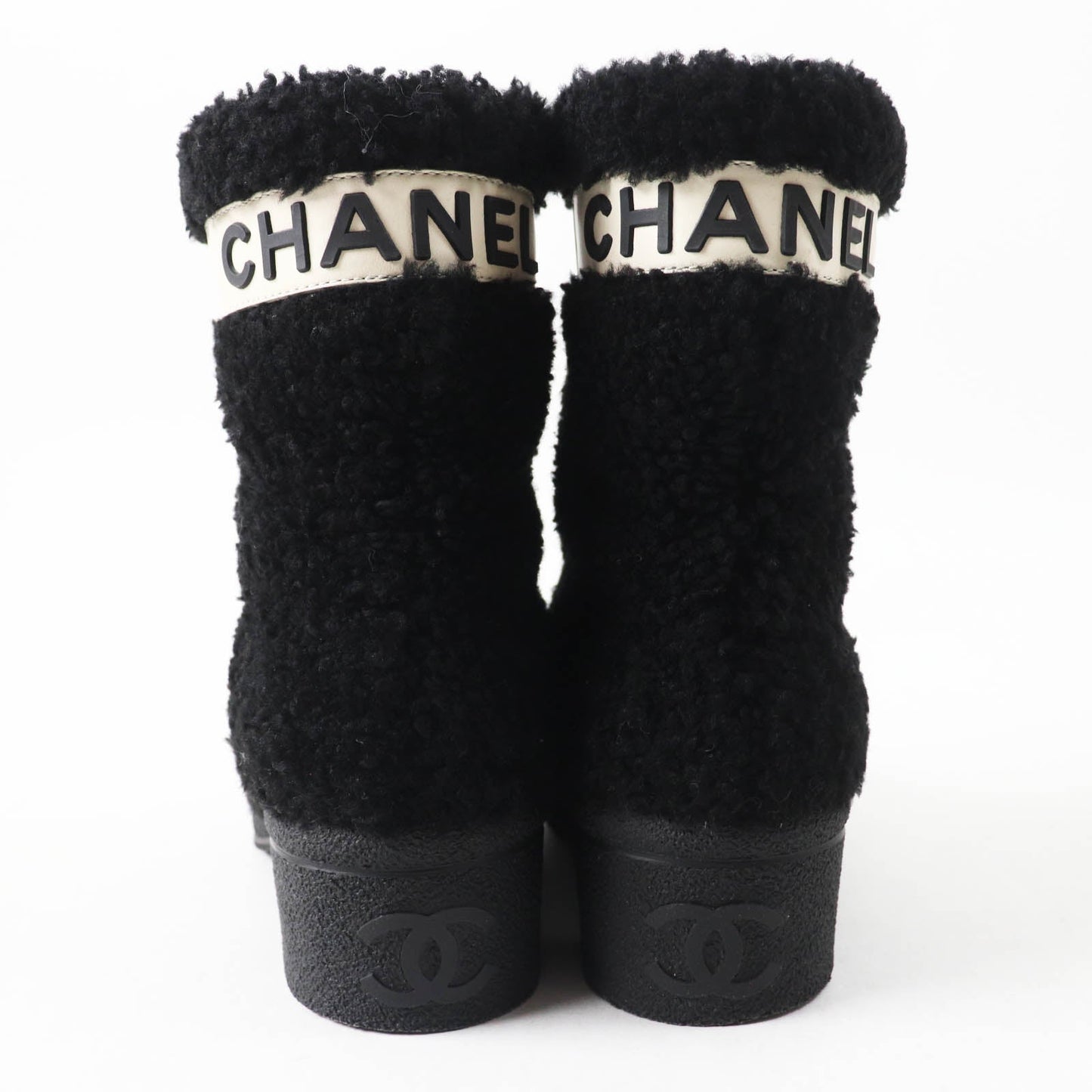 Chanel Sheepskin Leather Boots Black White 35