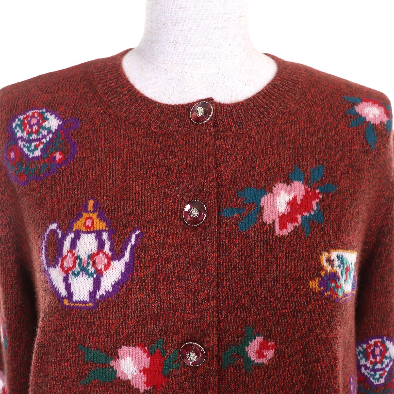 Chanel Lion Button Teacup Pot Floral Print Cashmere Cardigan