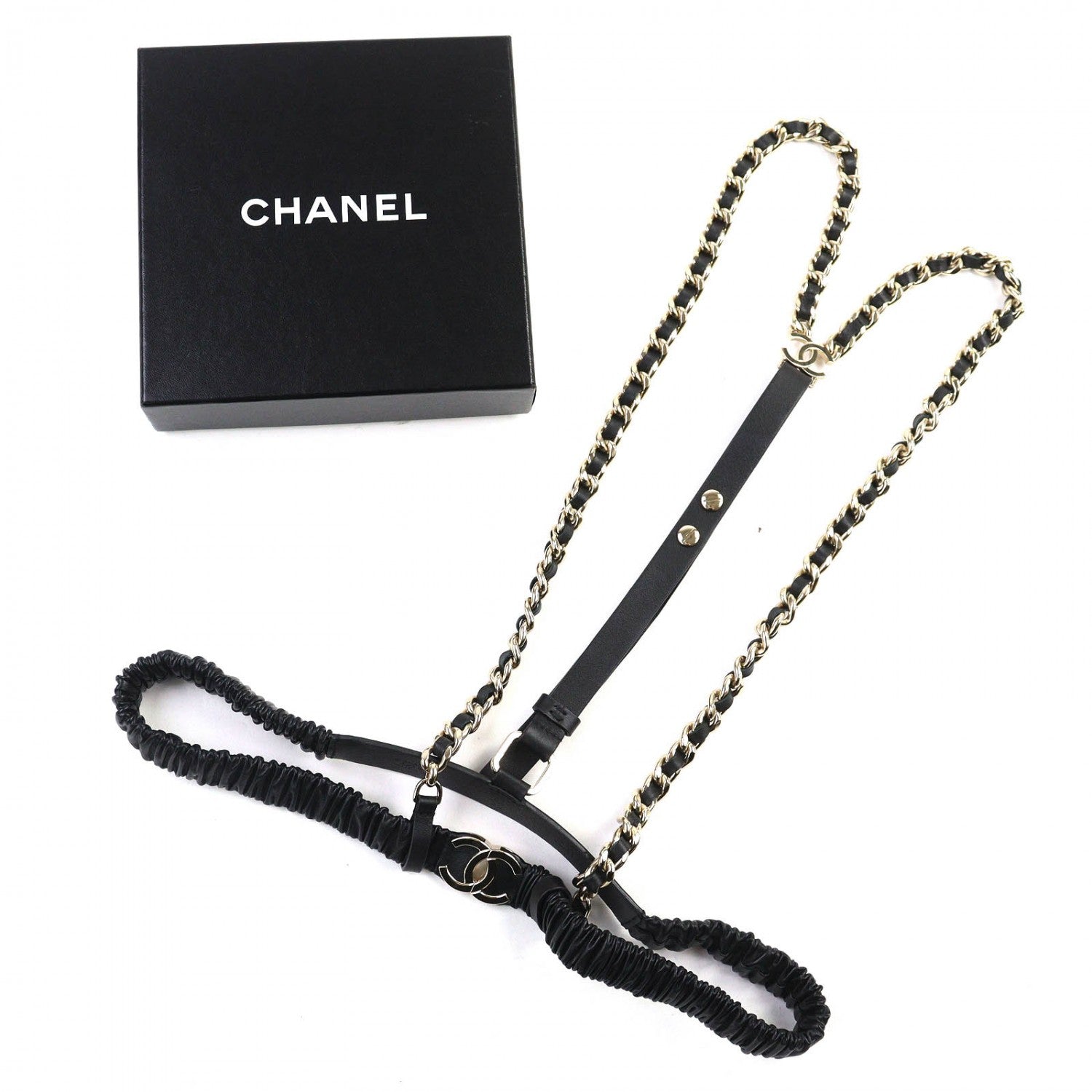 Chanel suspenders 22C 80 32 Black Leather Handbag