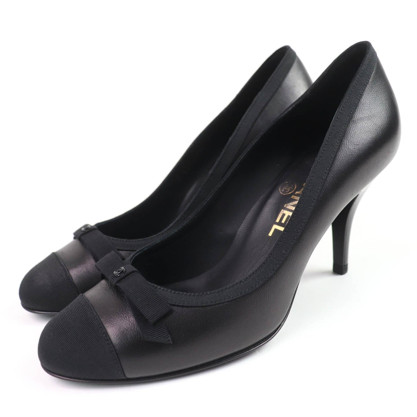 Chanel Coco Mark Ribbon Satin Switch Leather Pumps for Women