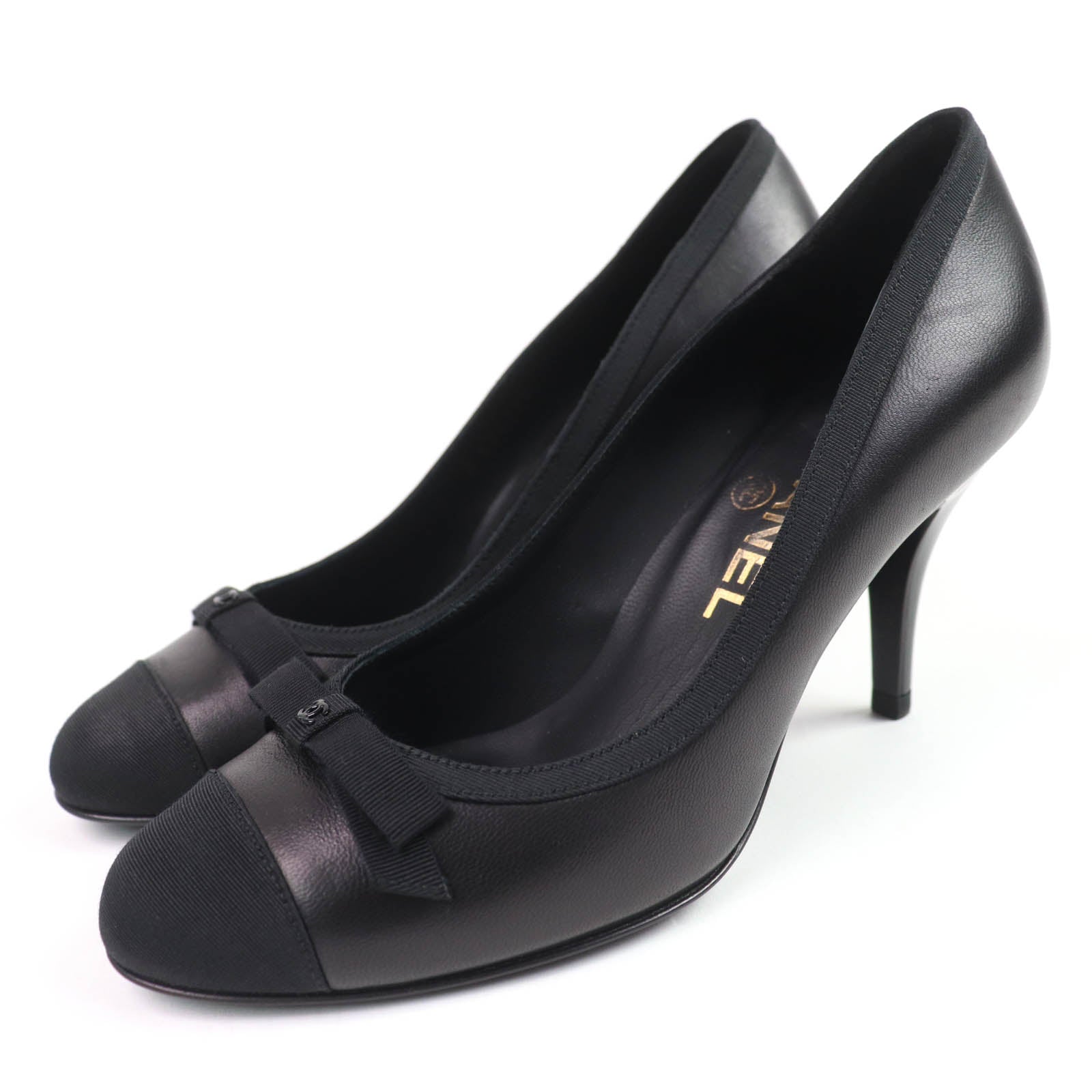 Chanel Coco Mark Ribbon Satin Switch Leather Pumps for Women
