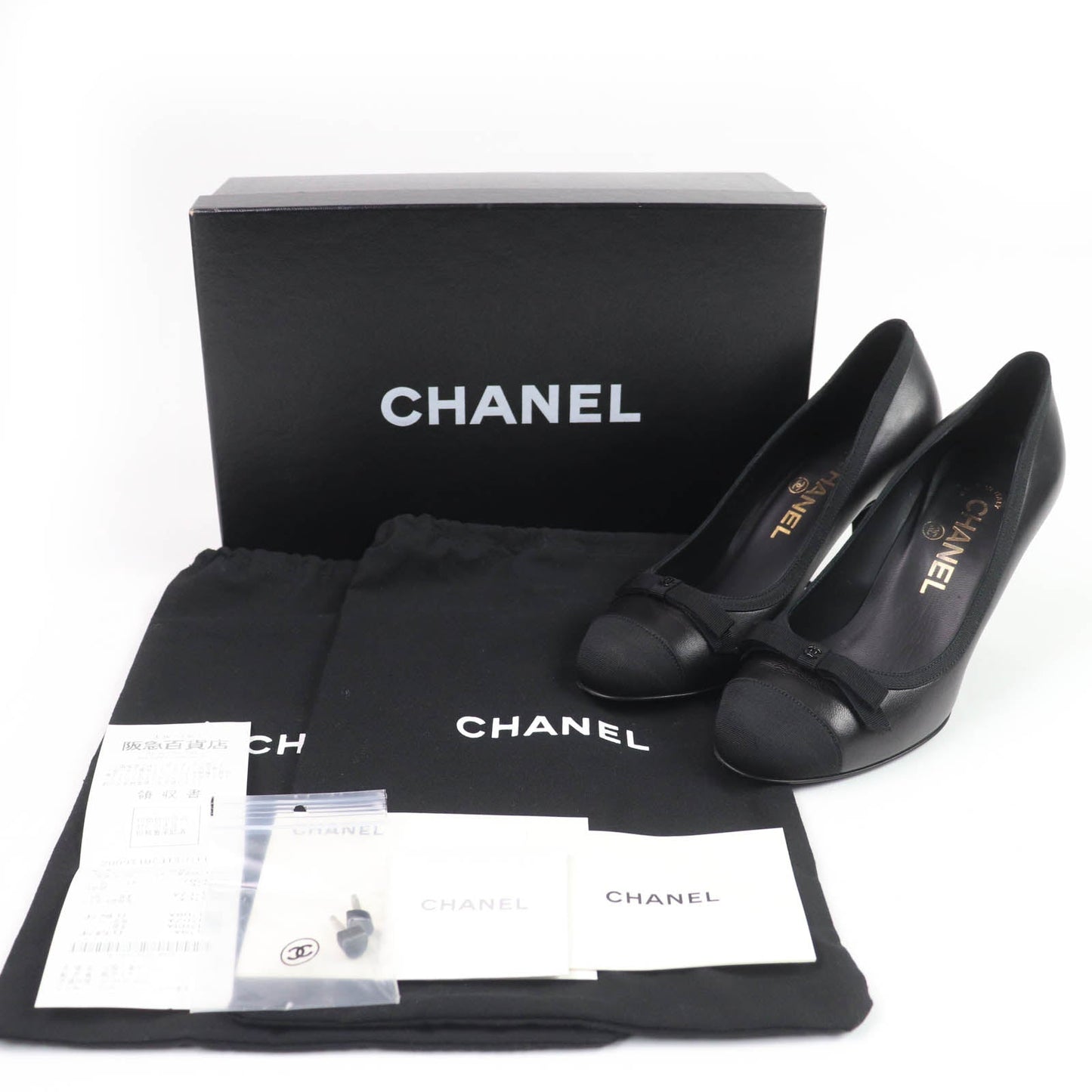 Chanel Coco Mark Ribbon Satin Switch Leather Pumps Bag