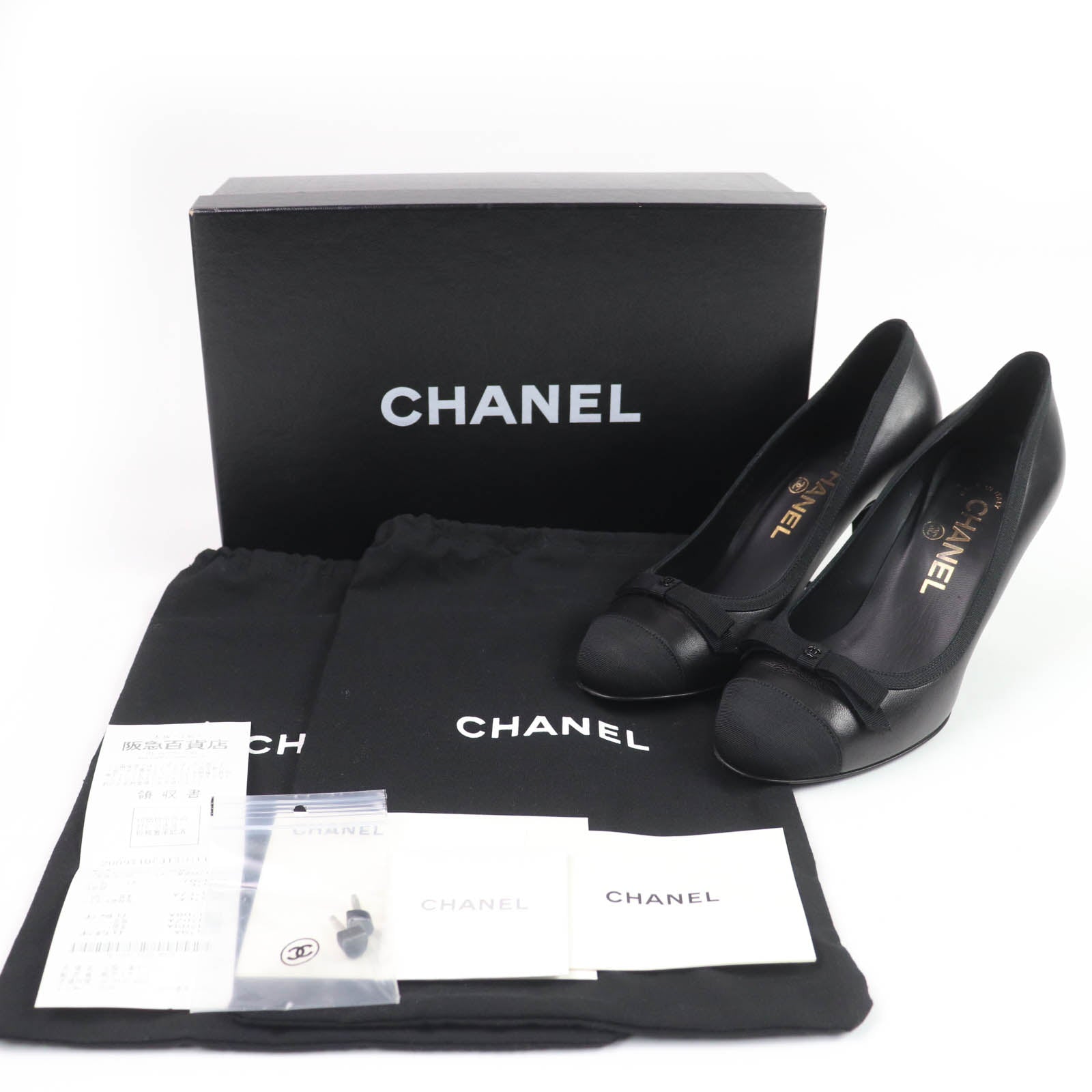 Chanel Coco Mark Ribbon Satin Switch Leather Pumps Bag