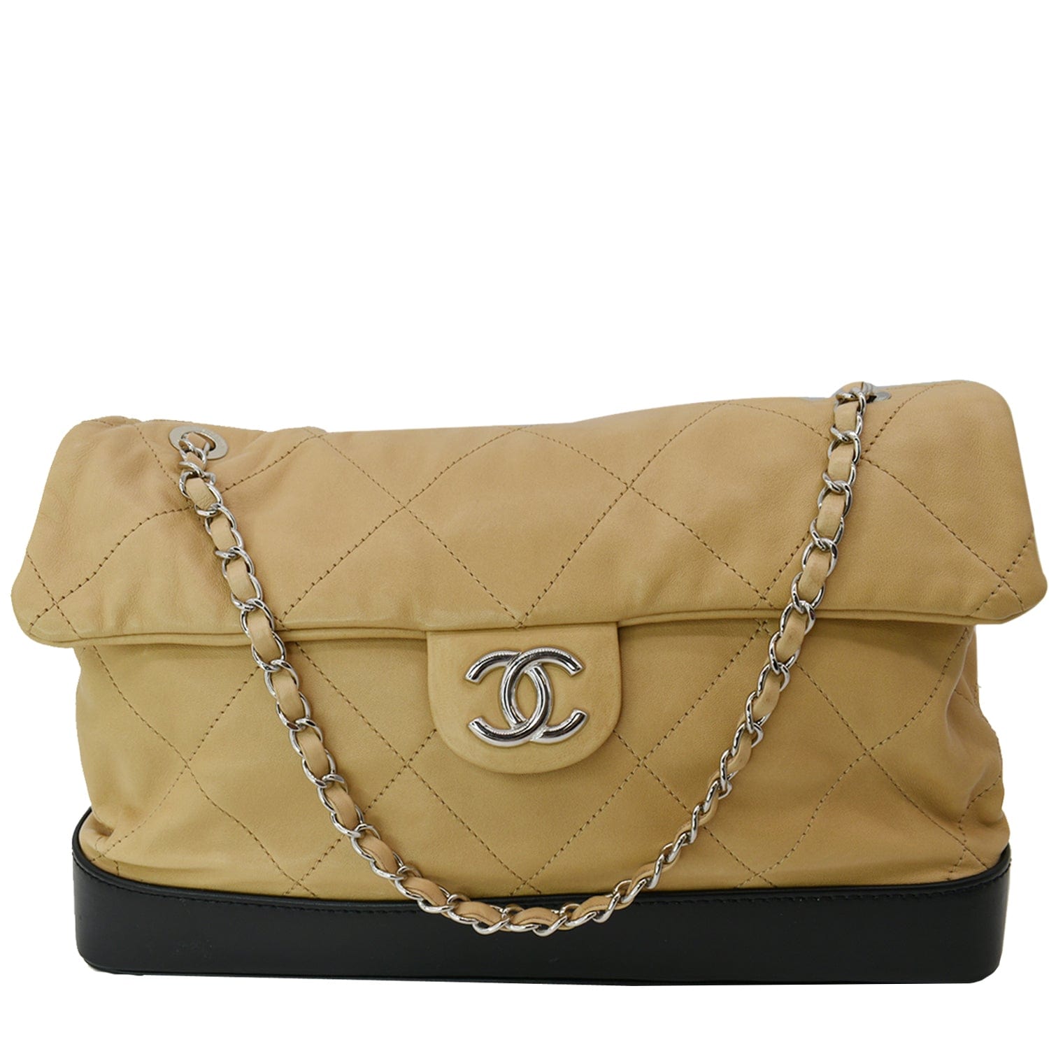 Chanel Classic Flap Leather Lambskin Black Beige Travel Bag
