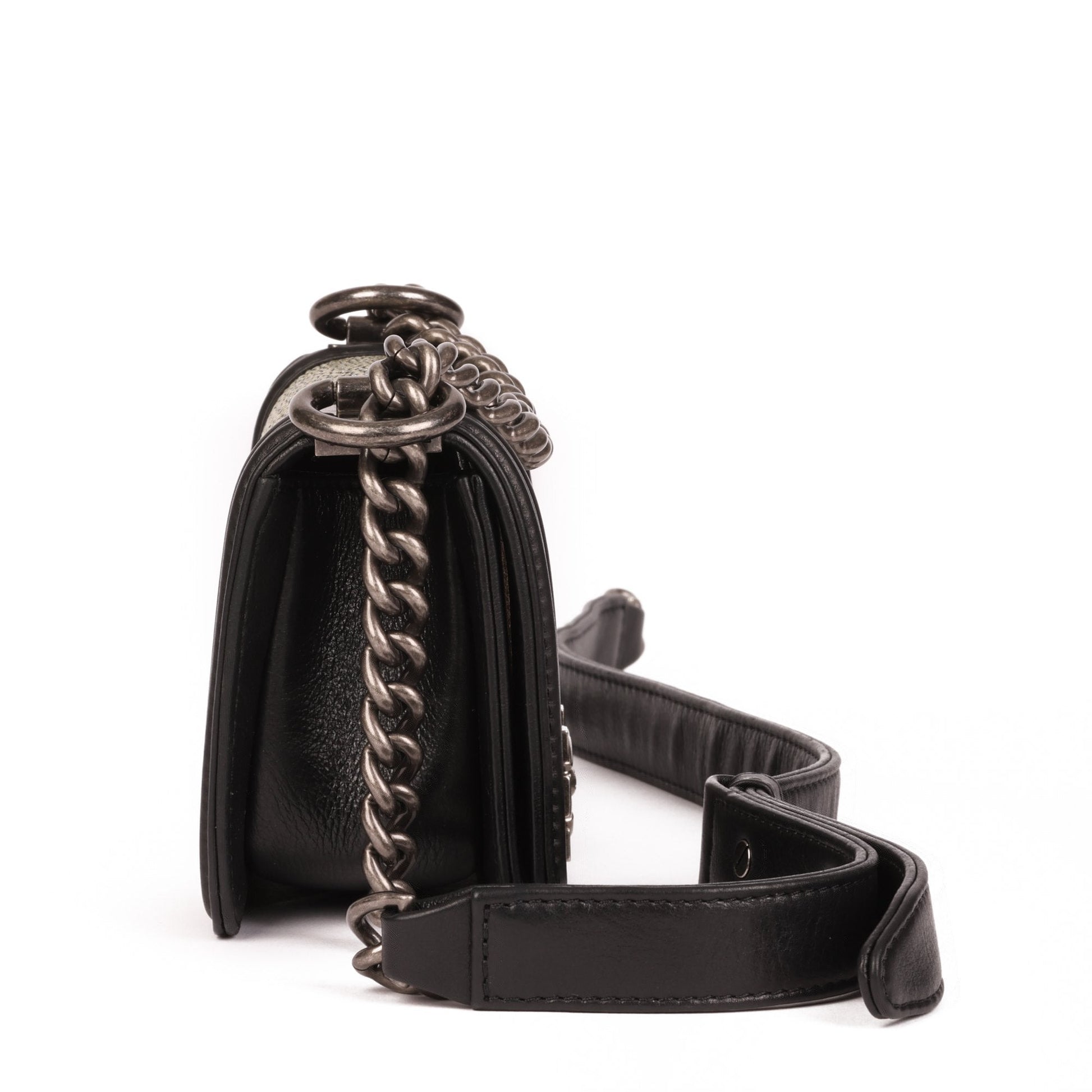 Chanel Black Lambskin & Hologram Galuchat Micro Le Boy Shoulder Bag