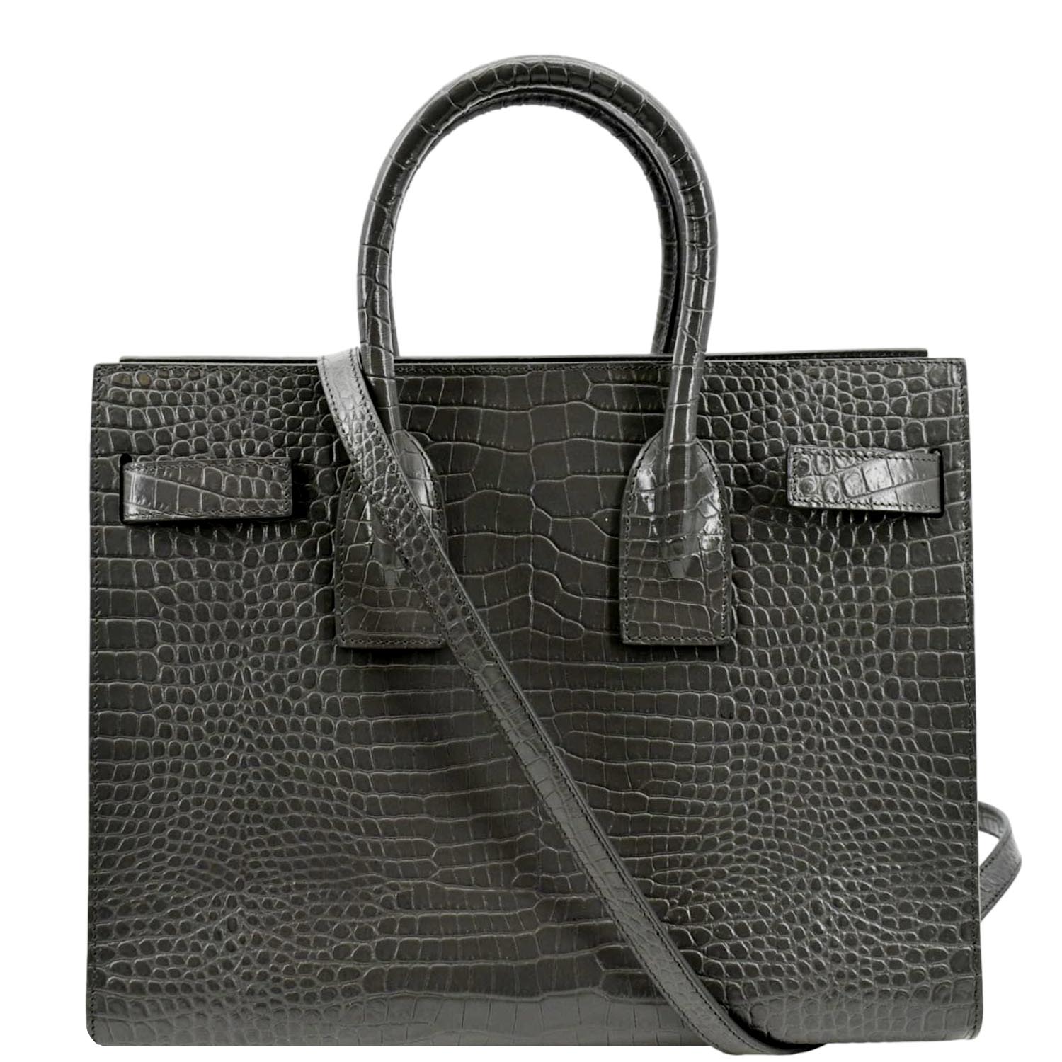 YSL Saint Laurent Yves Sac De Jour Crocodile Satchel Bag Grey Gray Embossed