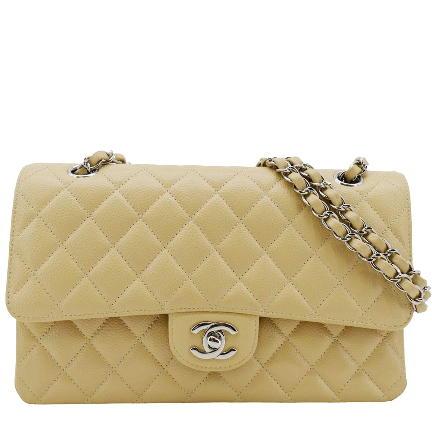 Chanel Classic Double Flap Quilted Caviar Leather Beige Travel Bag