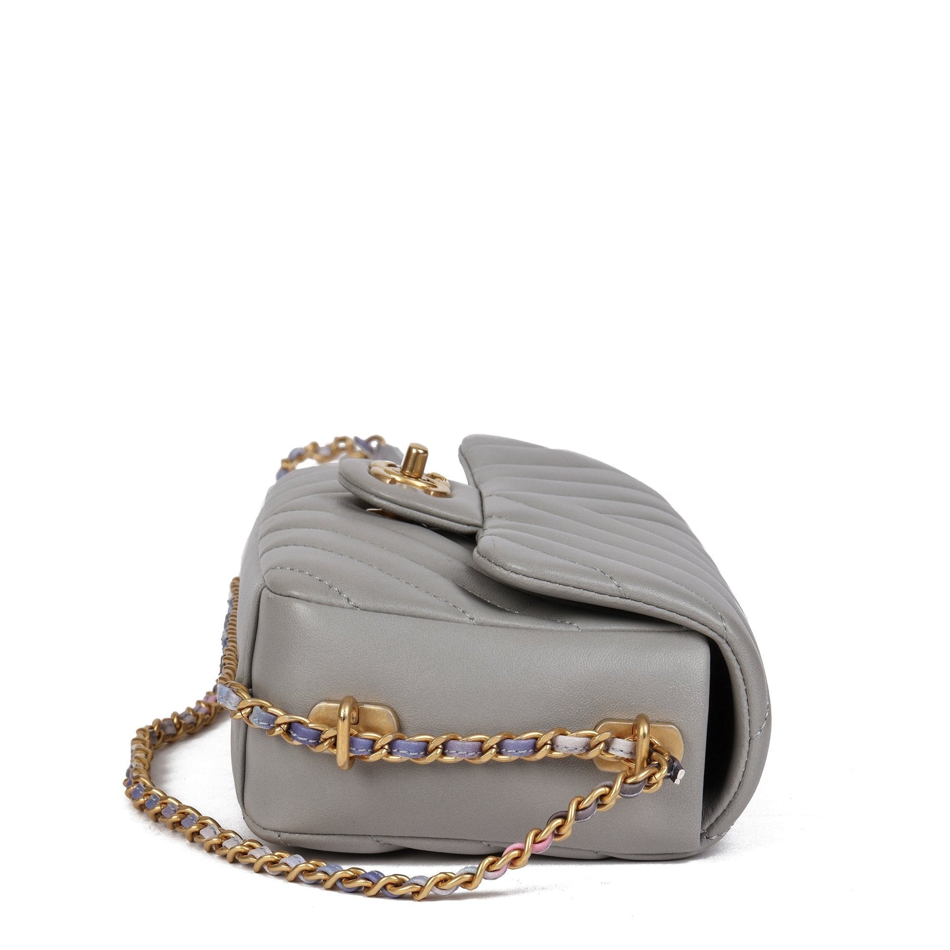 Chanel Grey Chevron Quilted Lambskin Chain Around Mini Rectangular Flap Bag