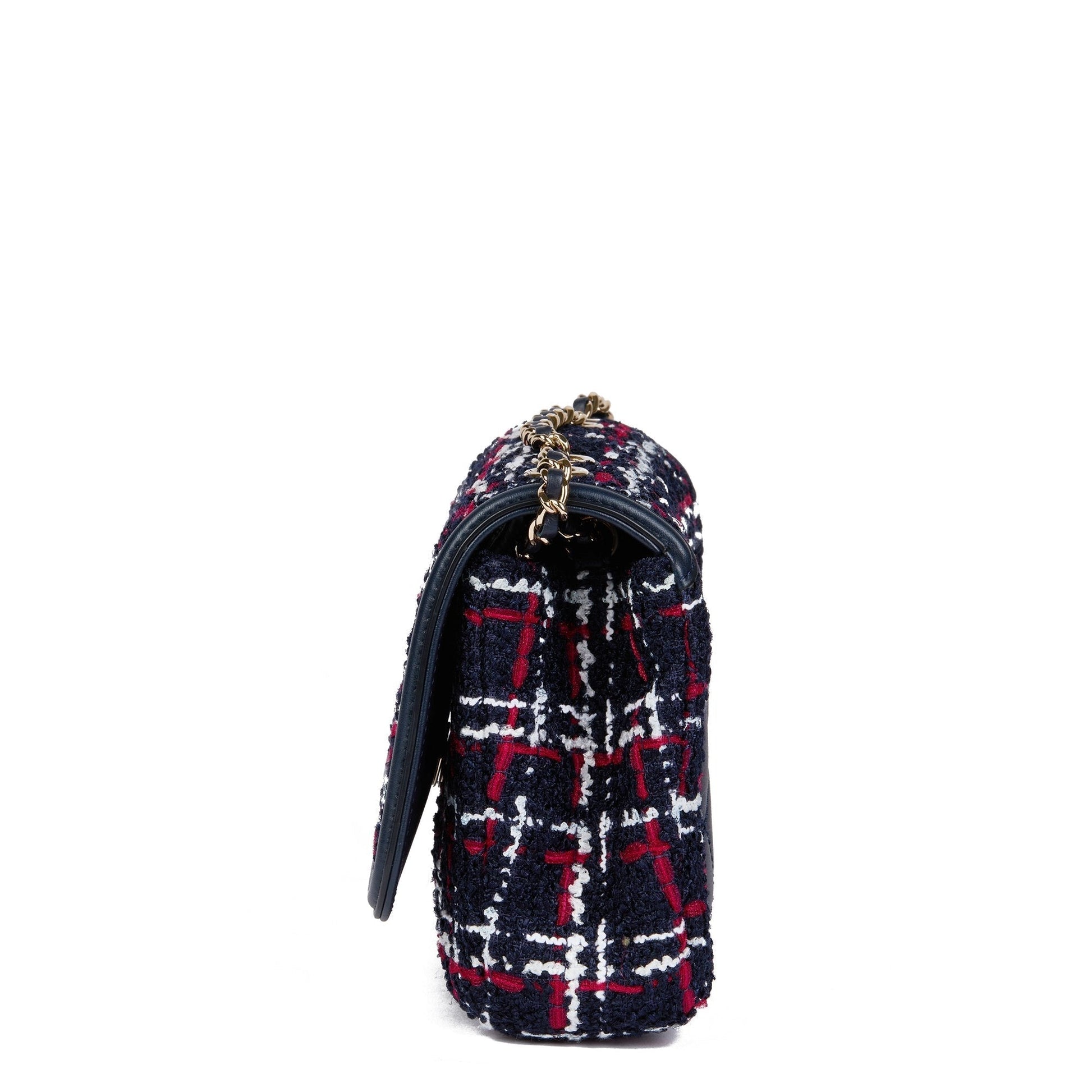 Chanel Navy, Red, White Tweed Fabric & Navy Lambskin Small Filigree Flap Bag