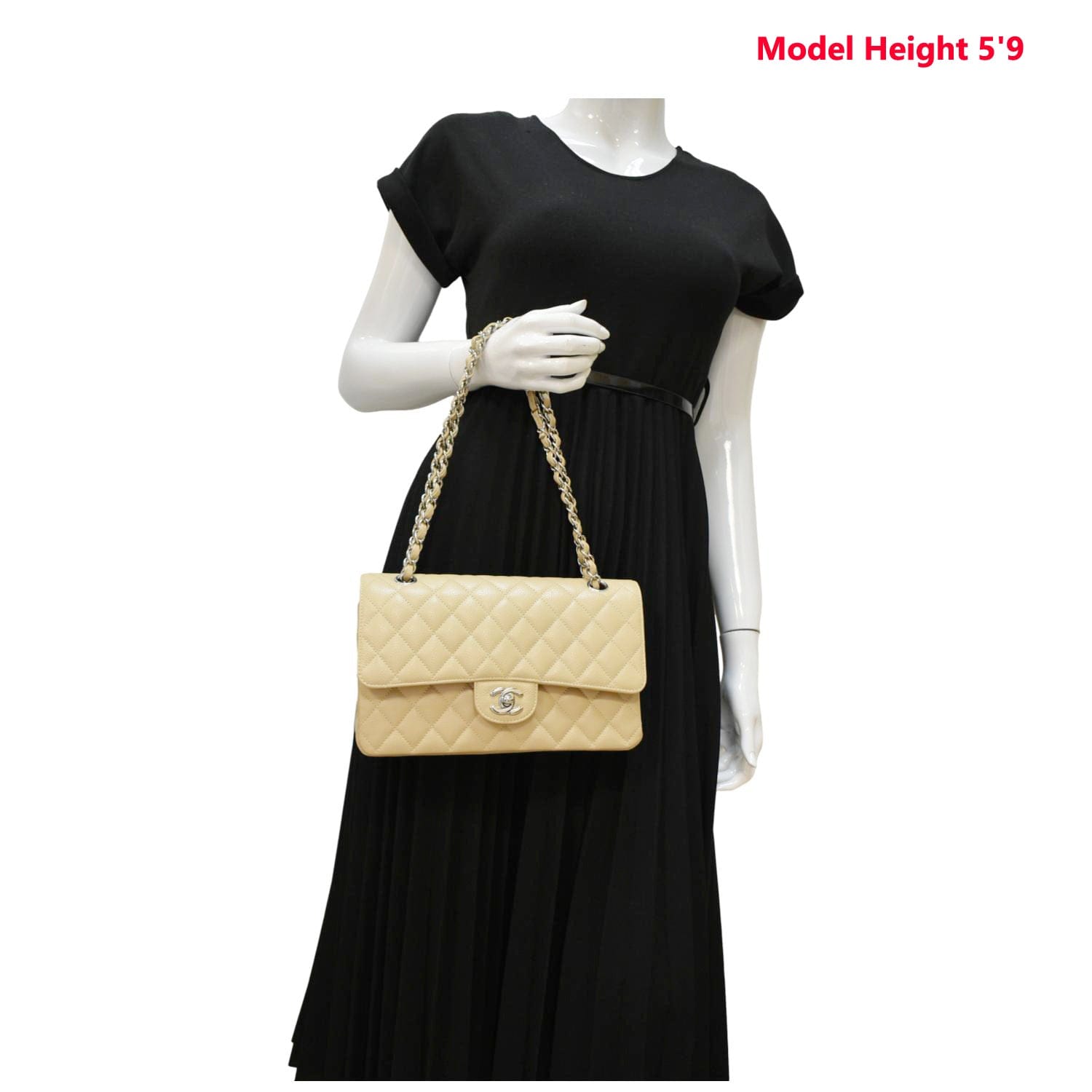 Chanel Classic Double Flap Quilted Caviar Leather Beige Travel Bag