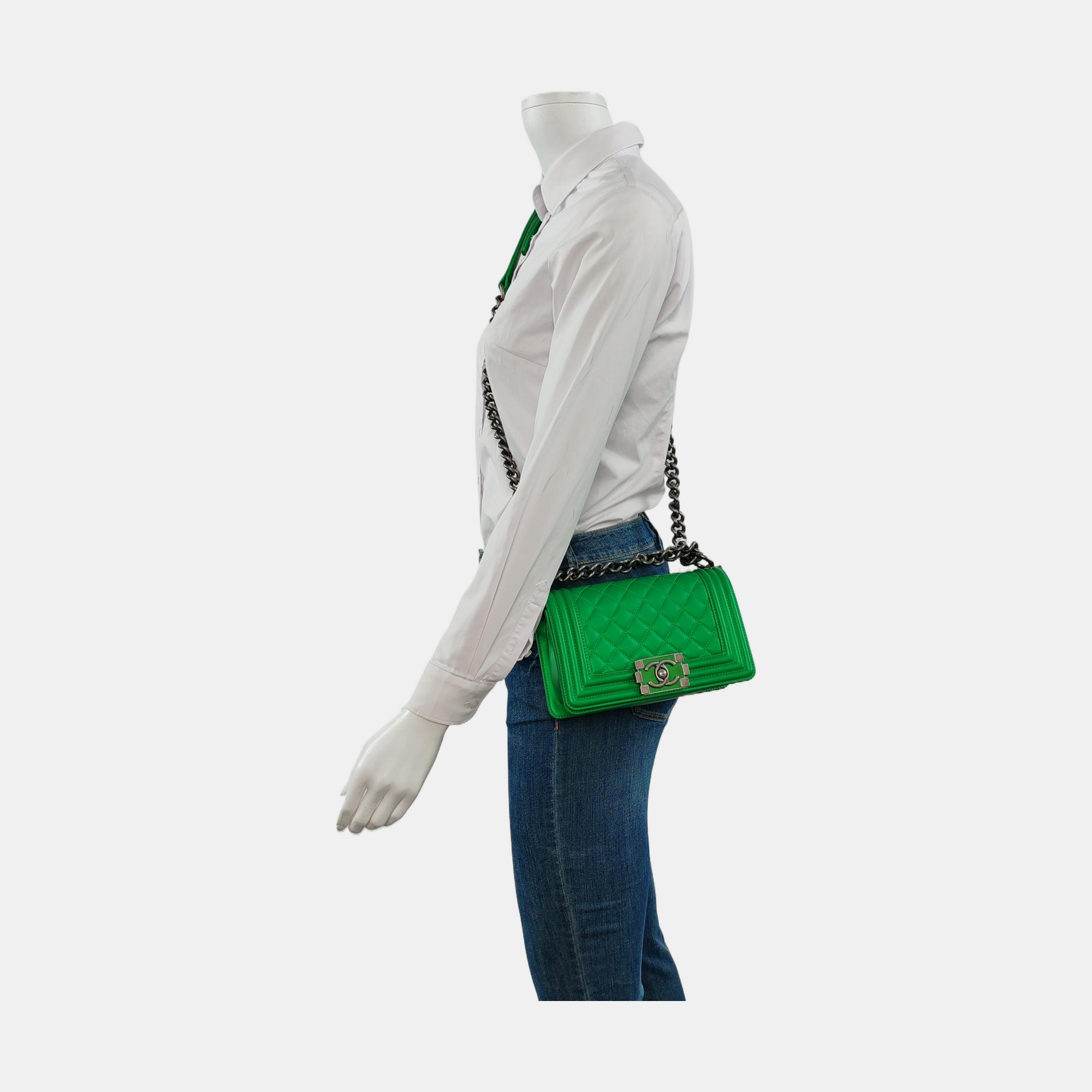 Chanel Le Boy Calfskin Antiqued Hardware Green Silver Small Leather Handbag