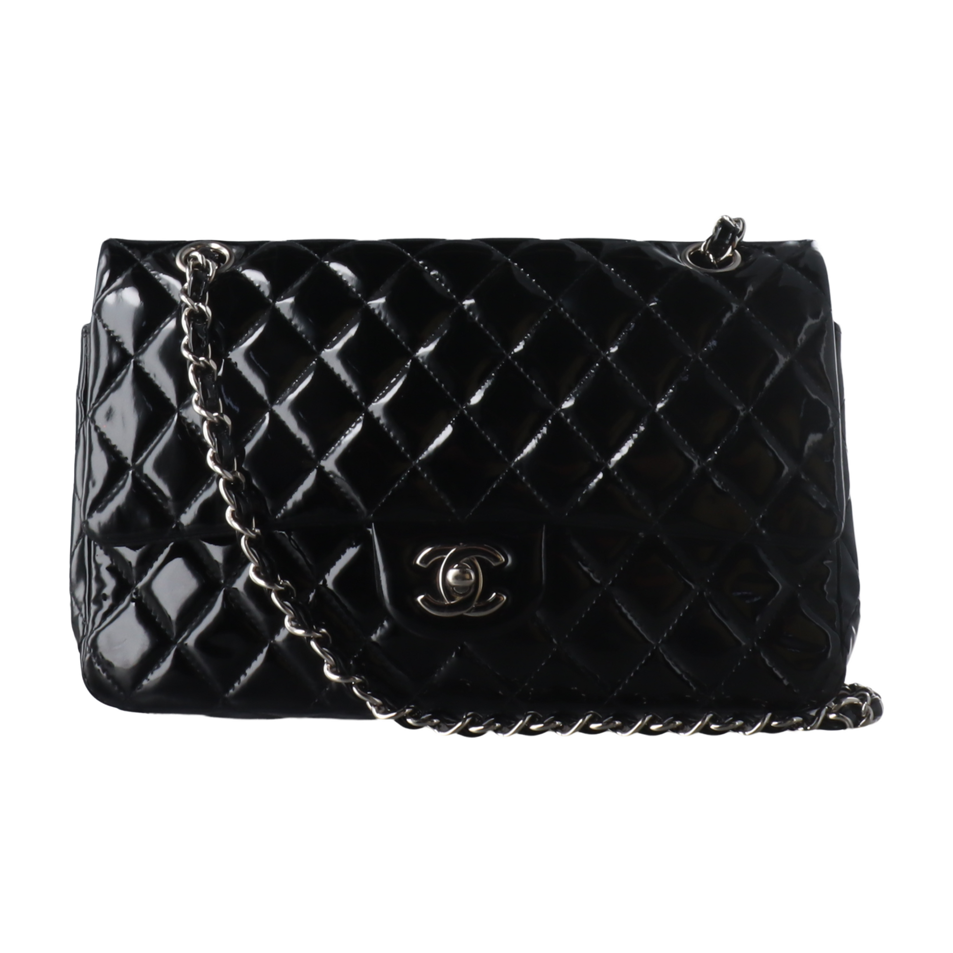 Chanel Classic Flap Patent HW Black Silver Leather Handbag