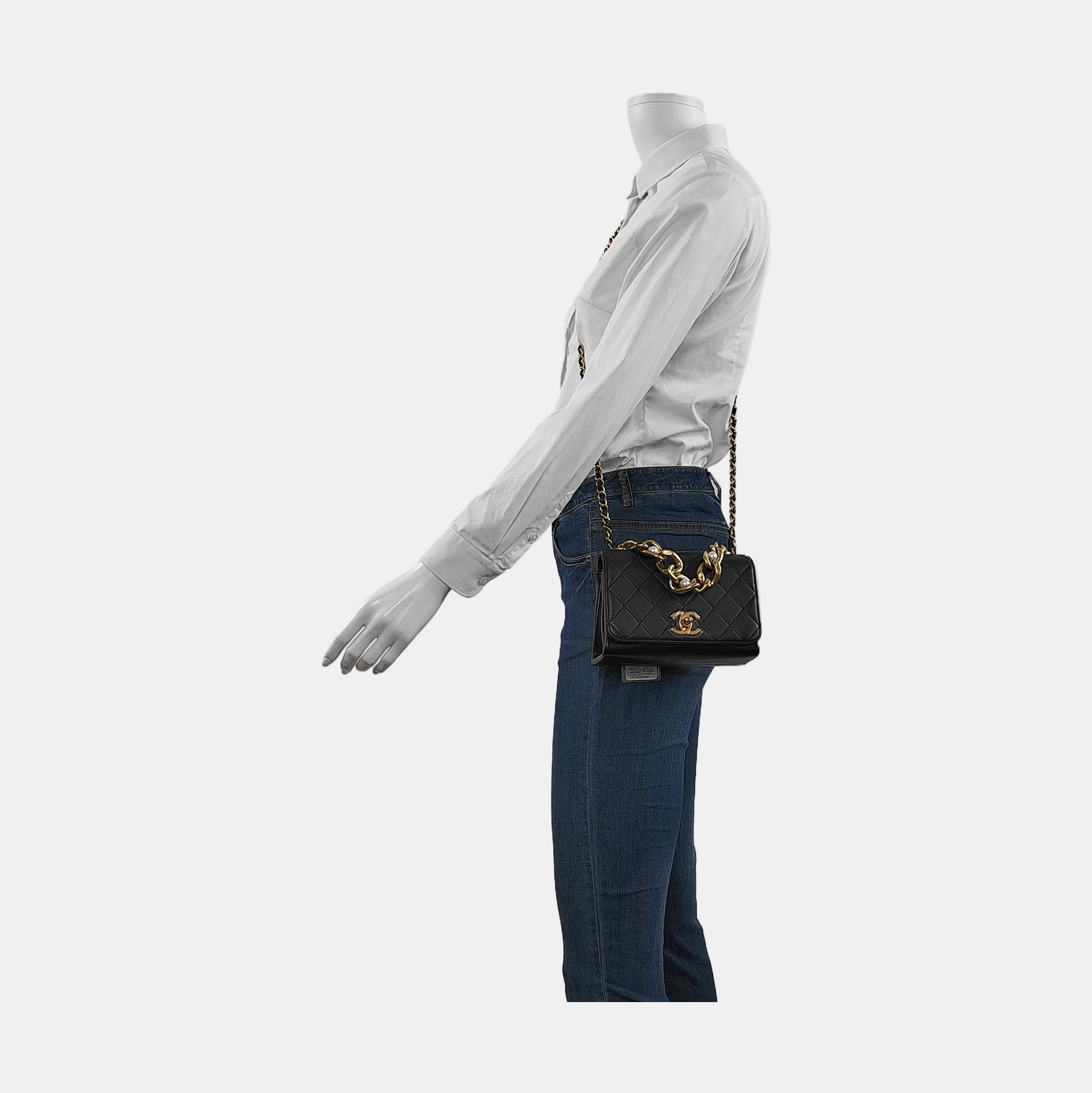 Chanel Classic Flap Pearl Lambskin Hardware Black Gold Mini Bag