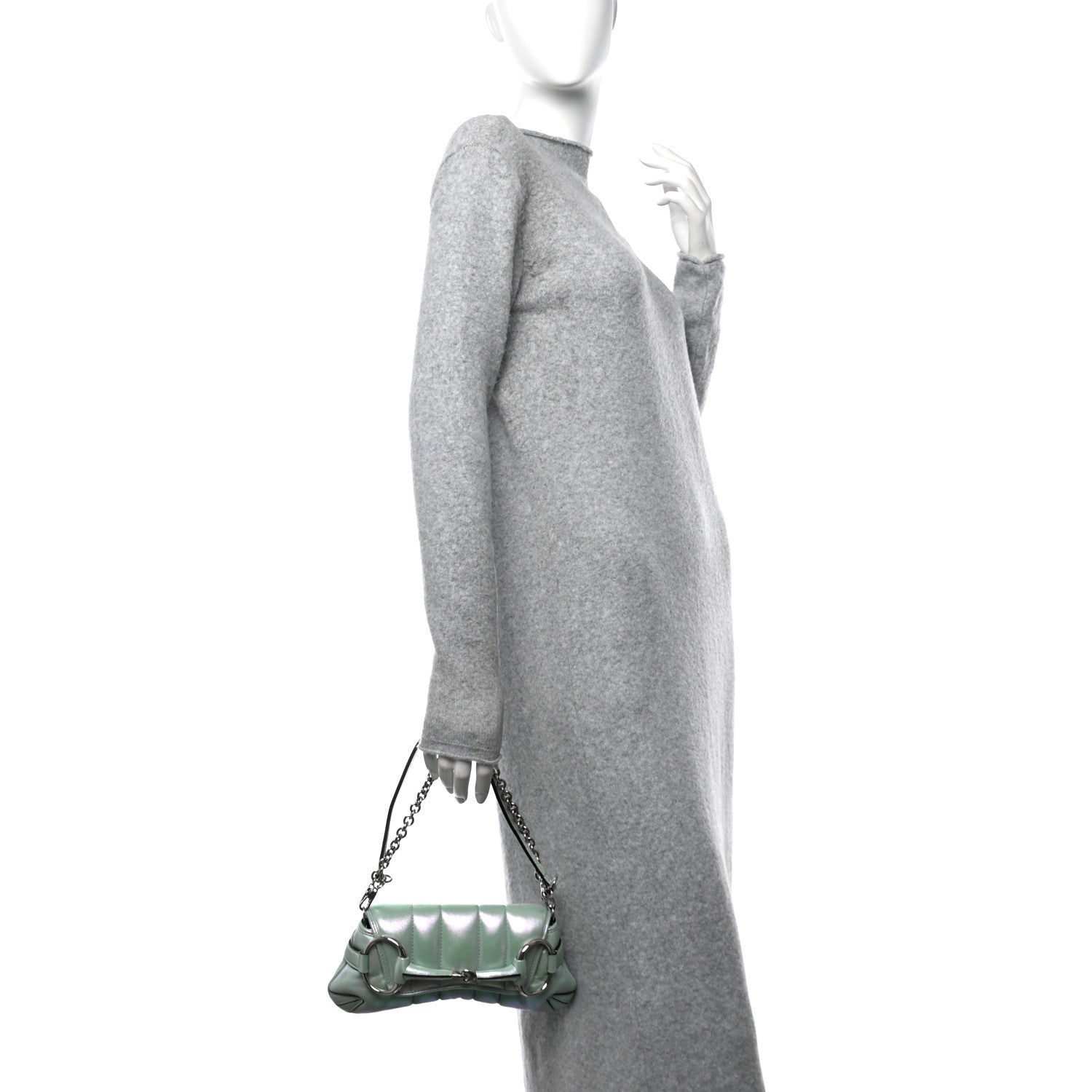 Gucci Iridescent Nappa Vertical Matelasse Medium Maxi Horsebit Chain Shoulder Bag Iridescent Salvy Green