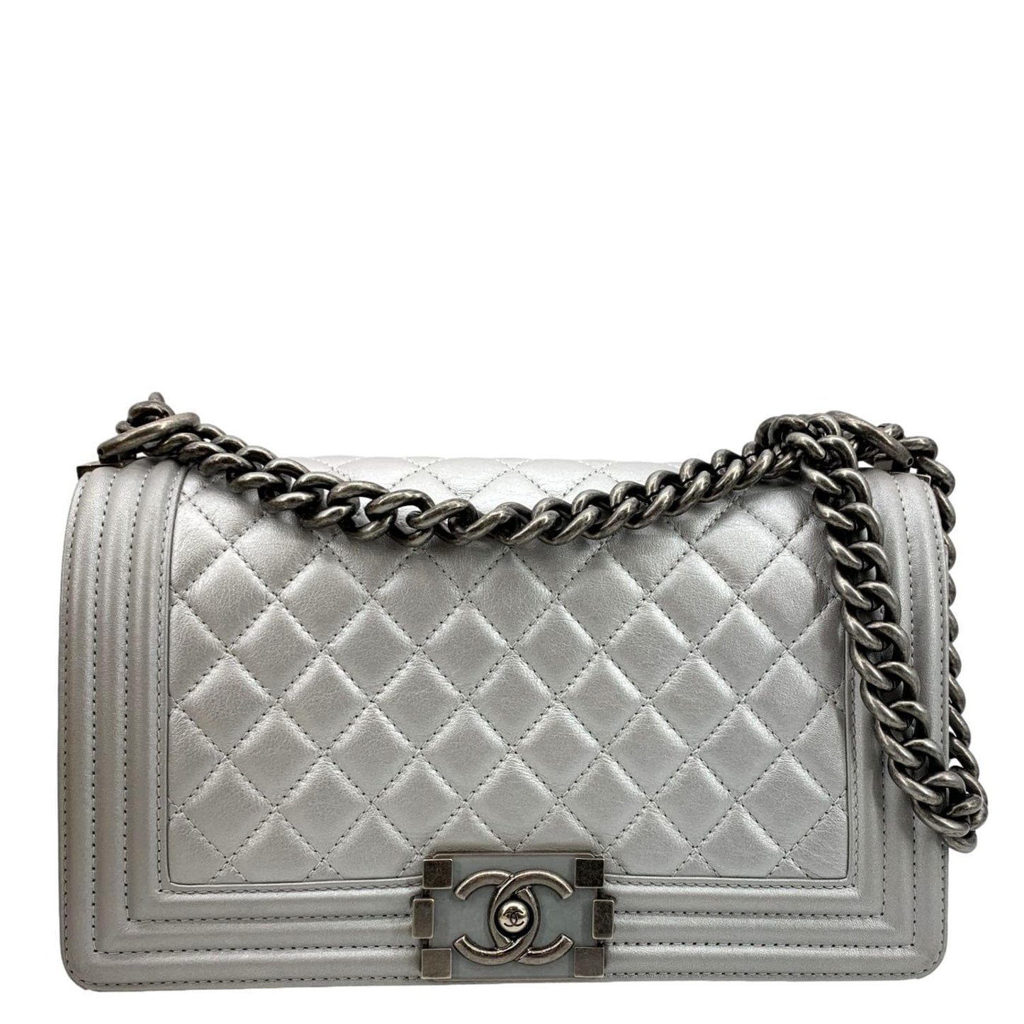 Louis Vuitton CHANEL Boy Flap Quilted Leather Silver Travel Bag