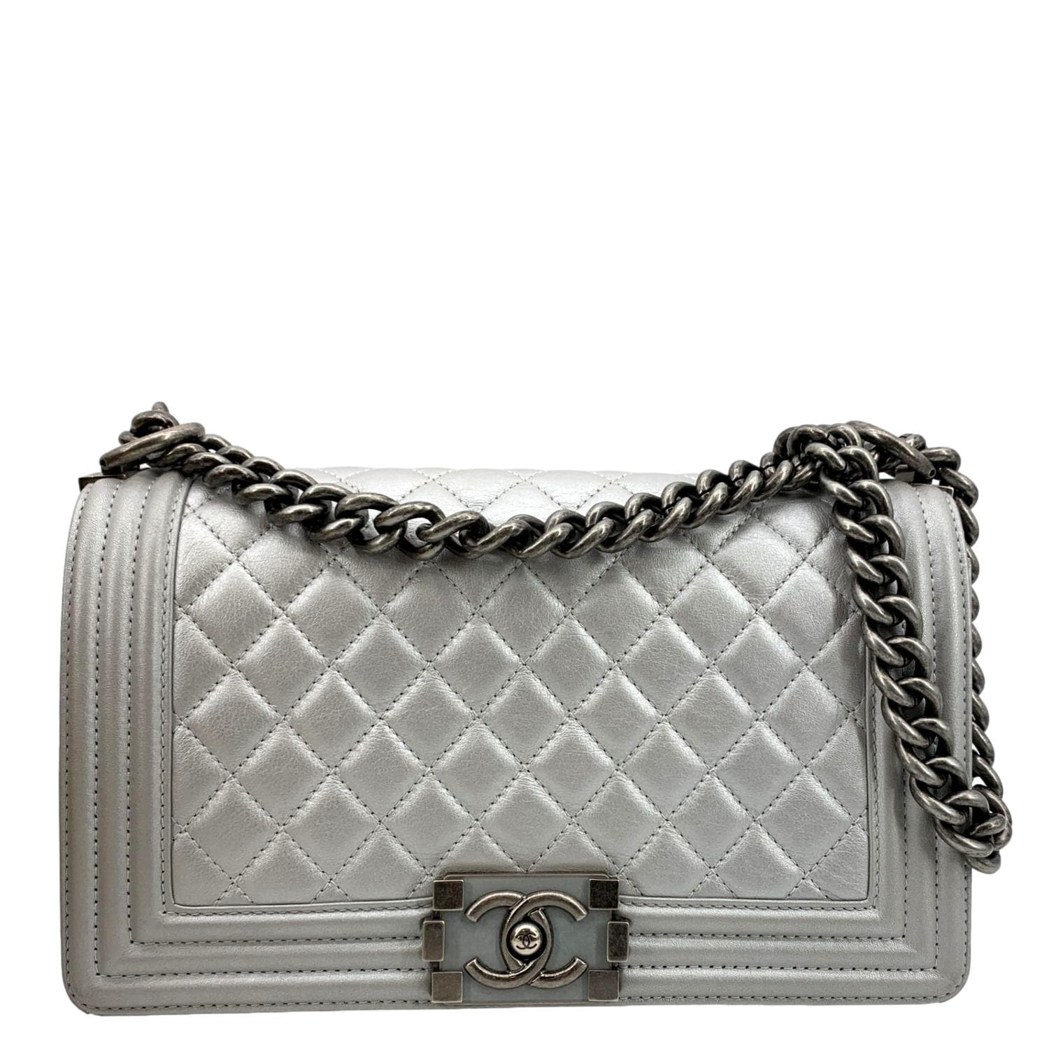 Louis Vuitton CHANEL Boy Flap Quilted Leather Silver Travel Bag