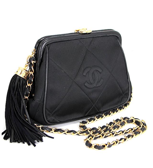 Chanel Fringed Clasp Shoulder Bag Satin Black Jewelry