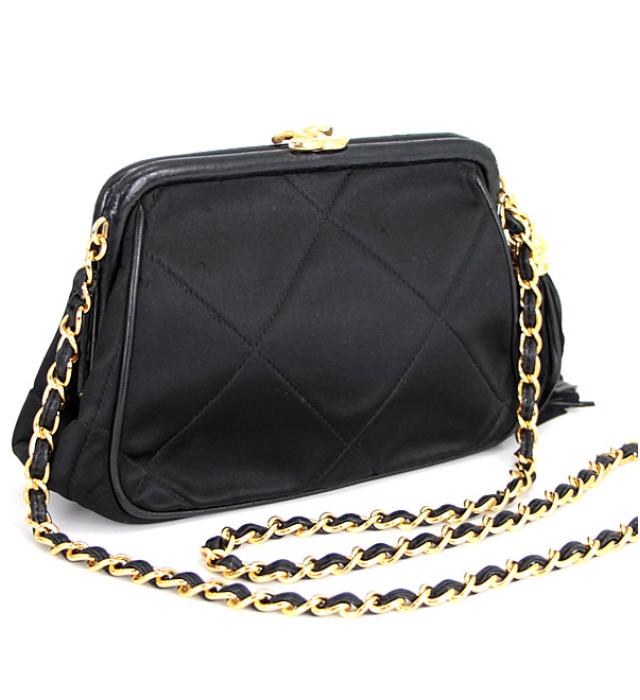 Chanel Fringed Clasp Shoulder Bag Satin Black Jewelry