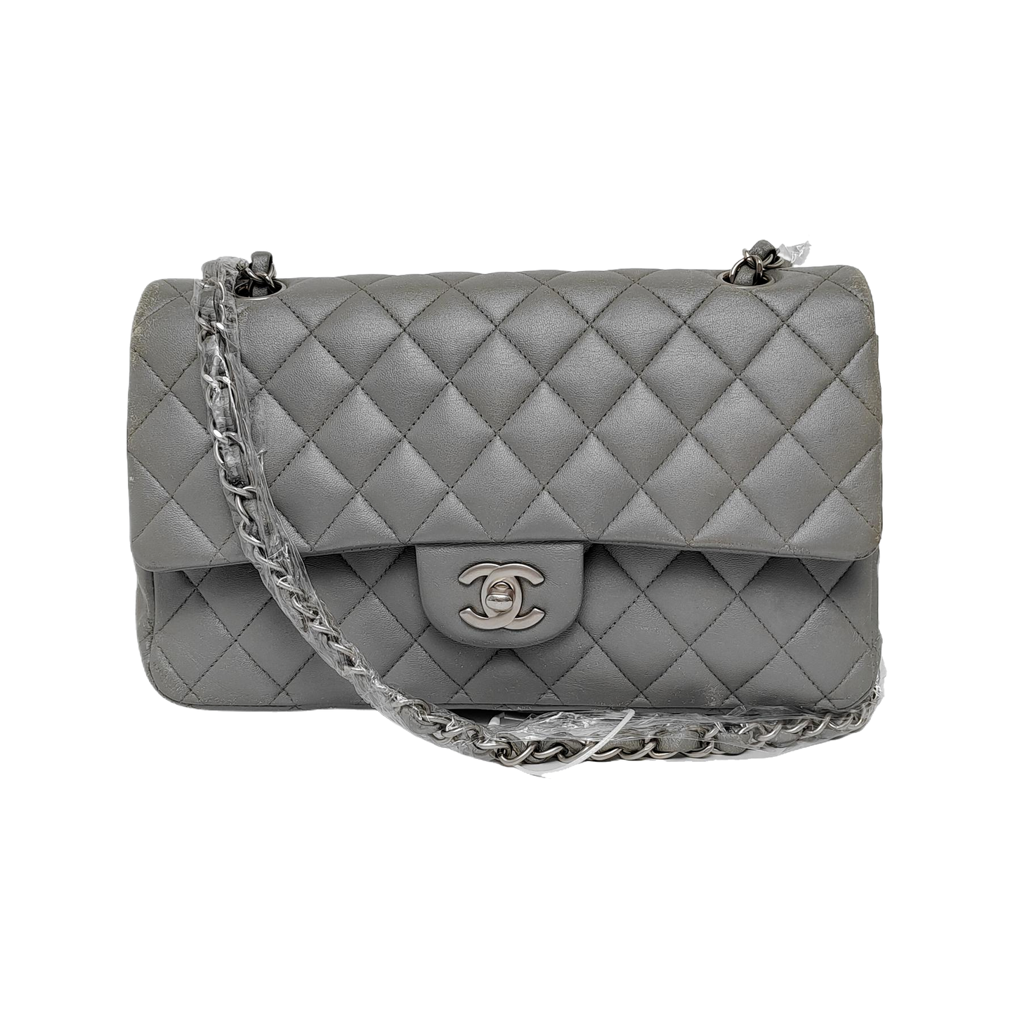 Chanel Timeless Classic Flap Lambskin Hardware Silver Grey Leather Handbag