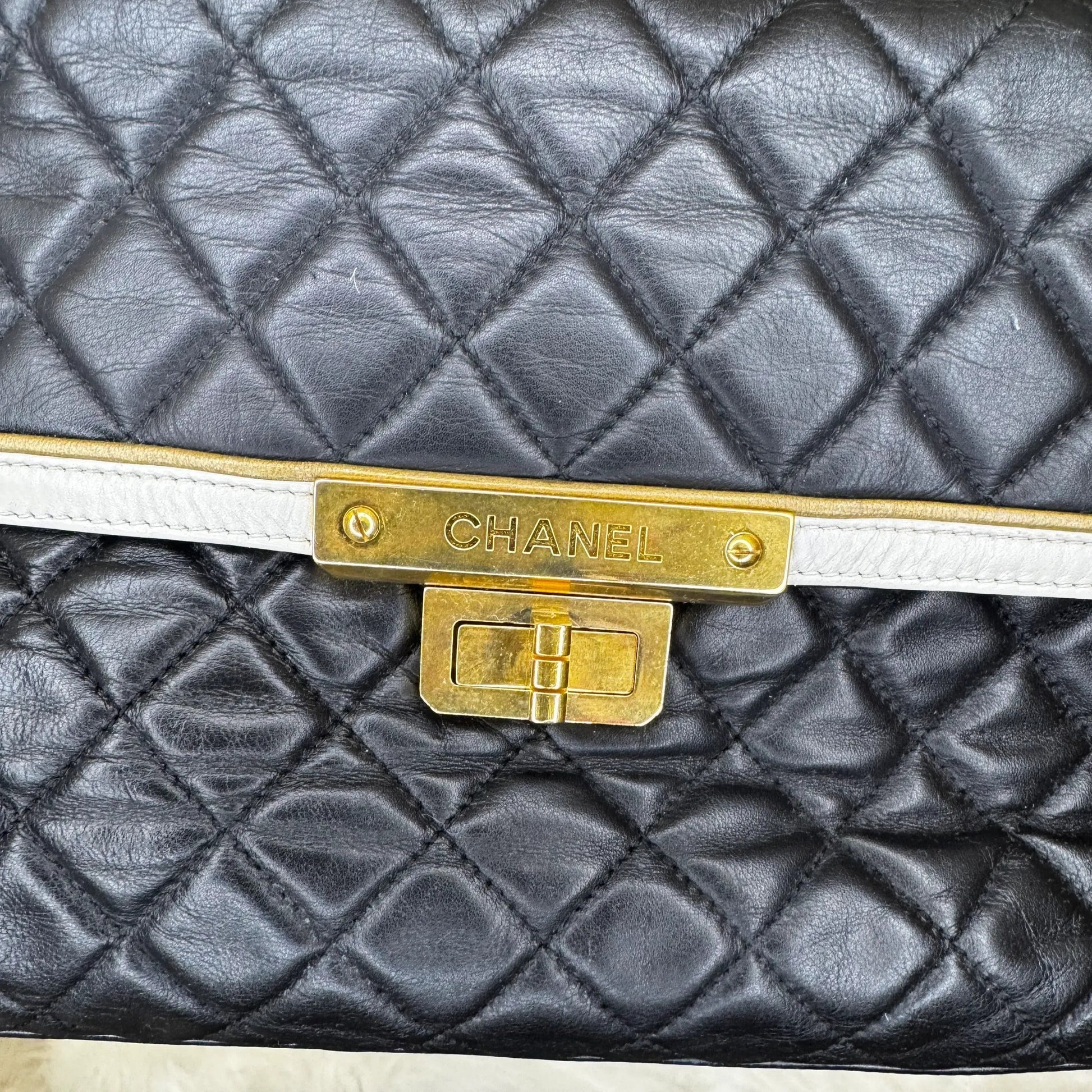 Chanel Glazed Calfskin . East West Mademoiselle Flap Black White B-