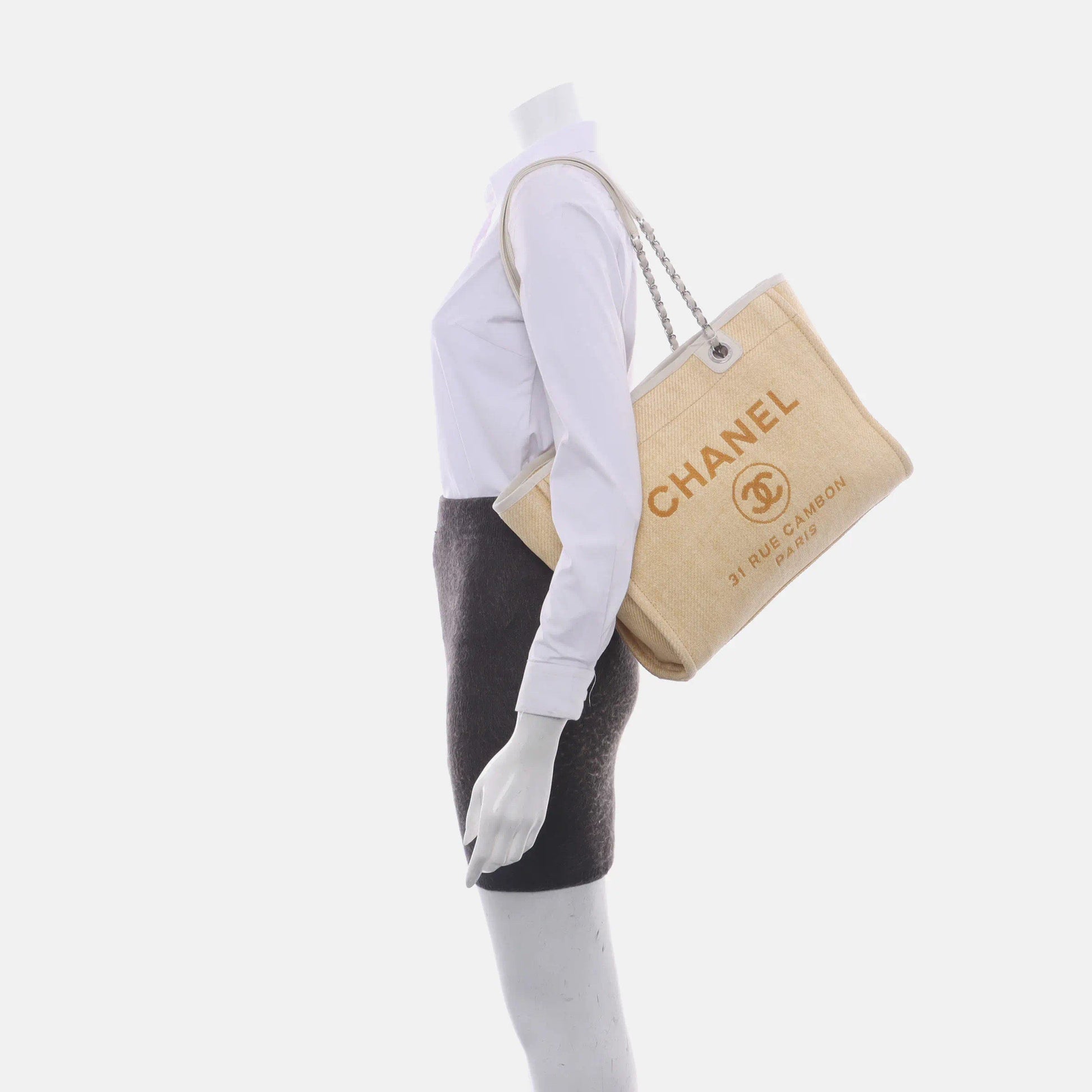 Chanel Deauville Yellow Denim Trim Small Leather Tote Bag