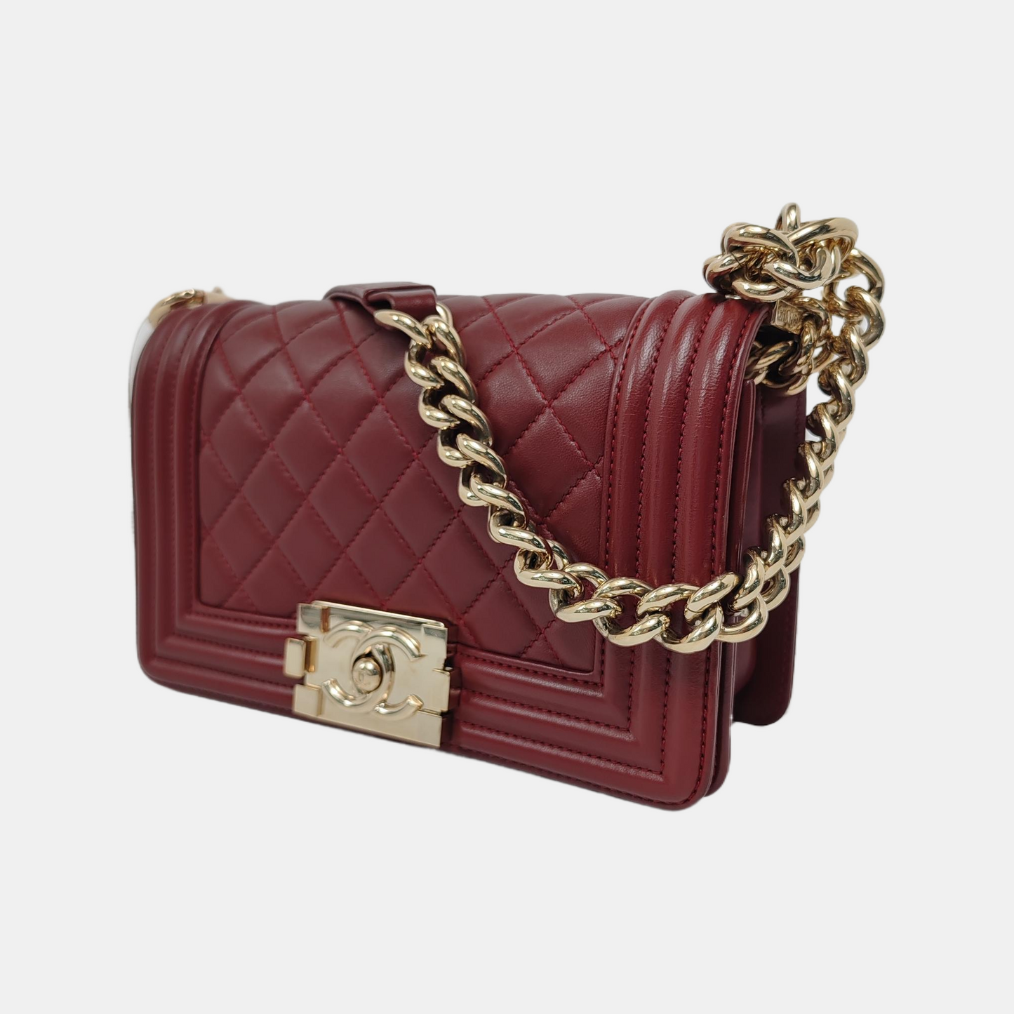 Chanel Le Boy Burgundy Lambskin Antiqued Hardware Gold Small Leather Handbag