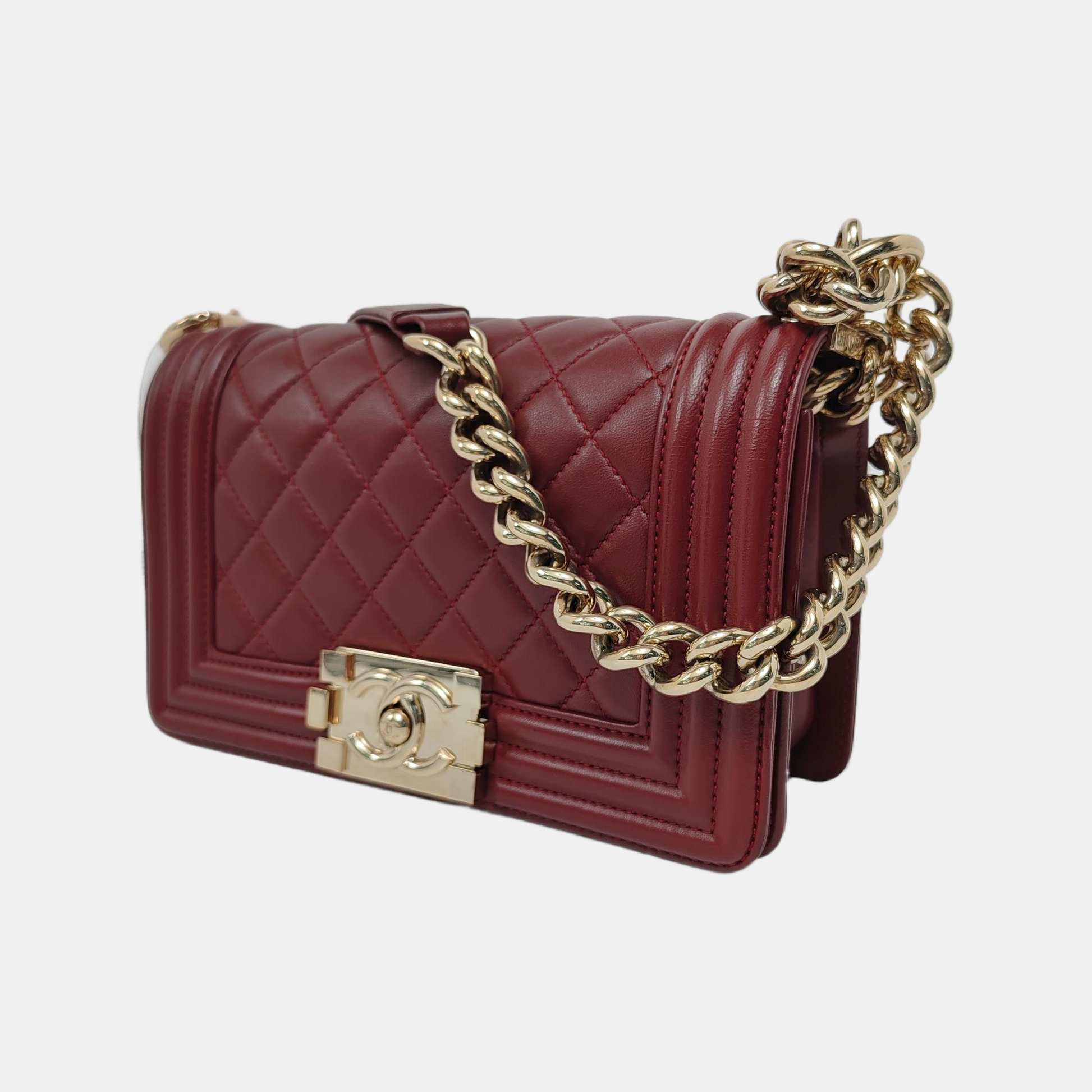 Chanel Le Boy Burgundy Lambskin Antiqued Hardware Gold Small Leather Handbag