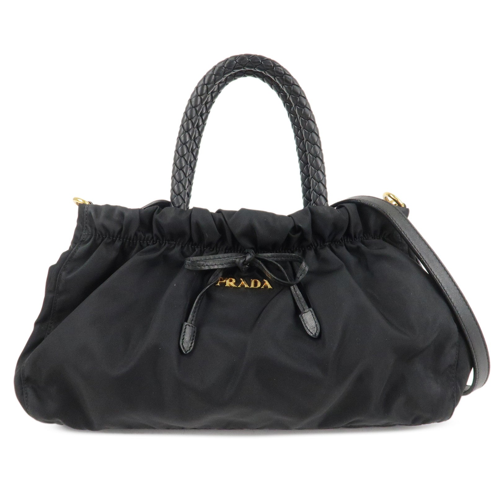 Prada Shoulder Bag Ribbon 2Way d Leather Nylon Black