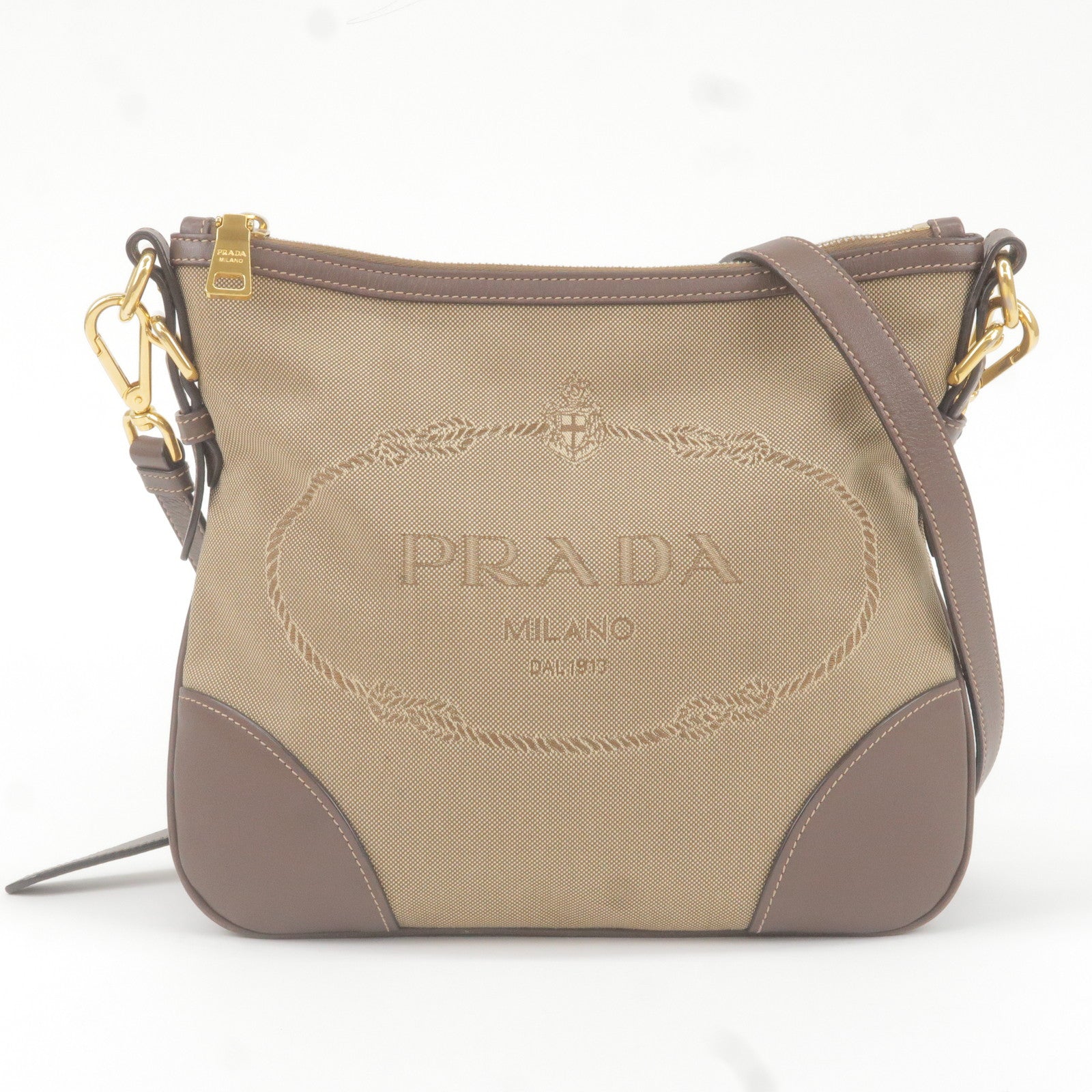 Prada Prada Logo Jacquard Leather Shoulder Bag Beige Brown Bt867A 36240 3