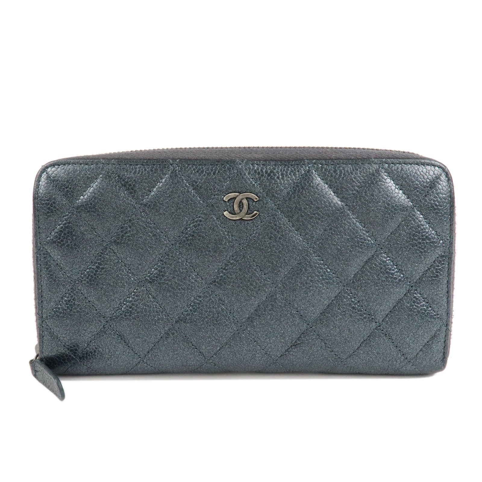 CHANEL Matelasse Caviar Skin Zip Around Long Wallet Metal Blue