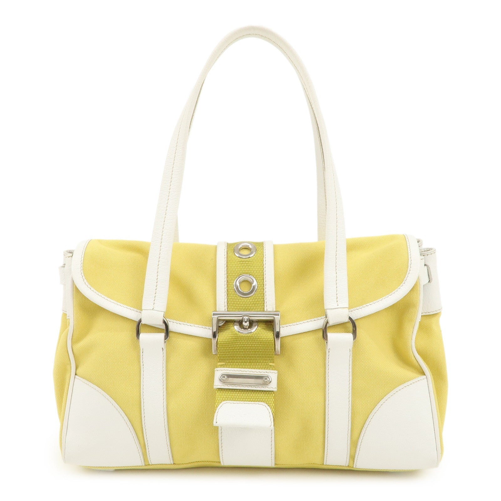 Prada Shoulder Bag Triangle HDW d Leather Canvas Silver