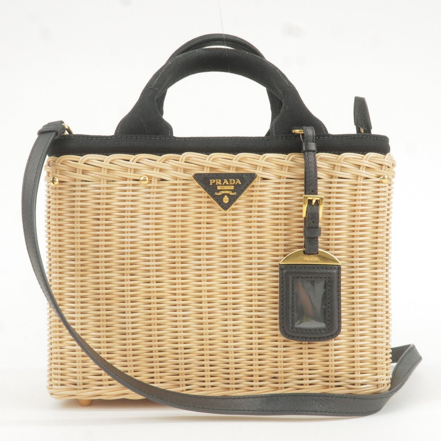 Prada 2Way Bag Hand Bag Canvas Wicker Black Travel Bag 1Bg835 35901 9