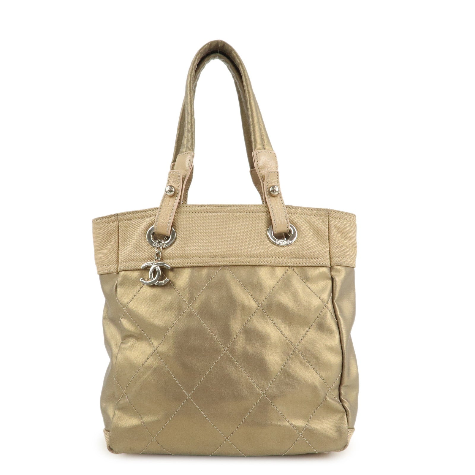 CHANEL Paris Biarritz Coating Canvas Leather Tote Bag PM Gold