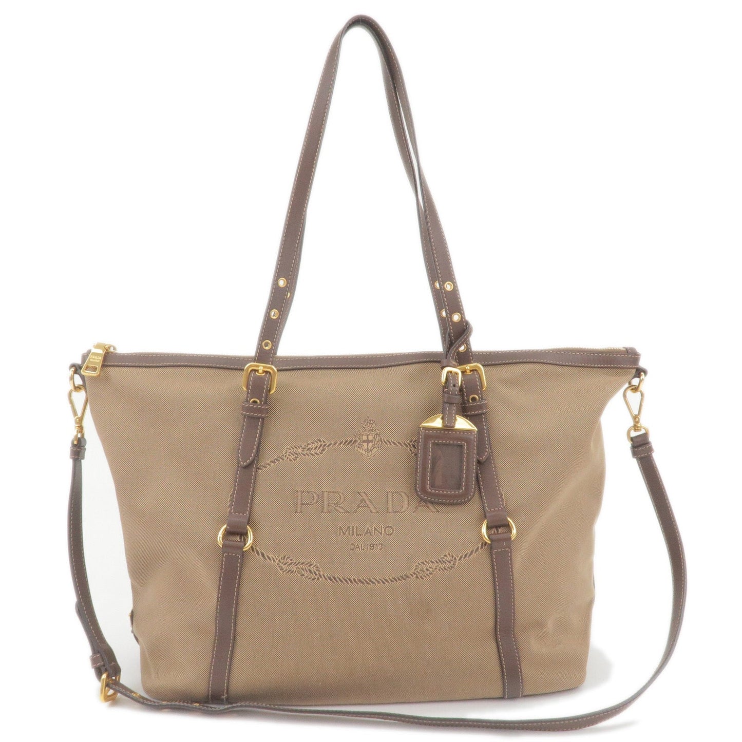 Prada Prada Logo Jacquard Leather 2Way Tote Bag Beige