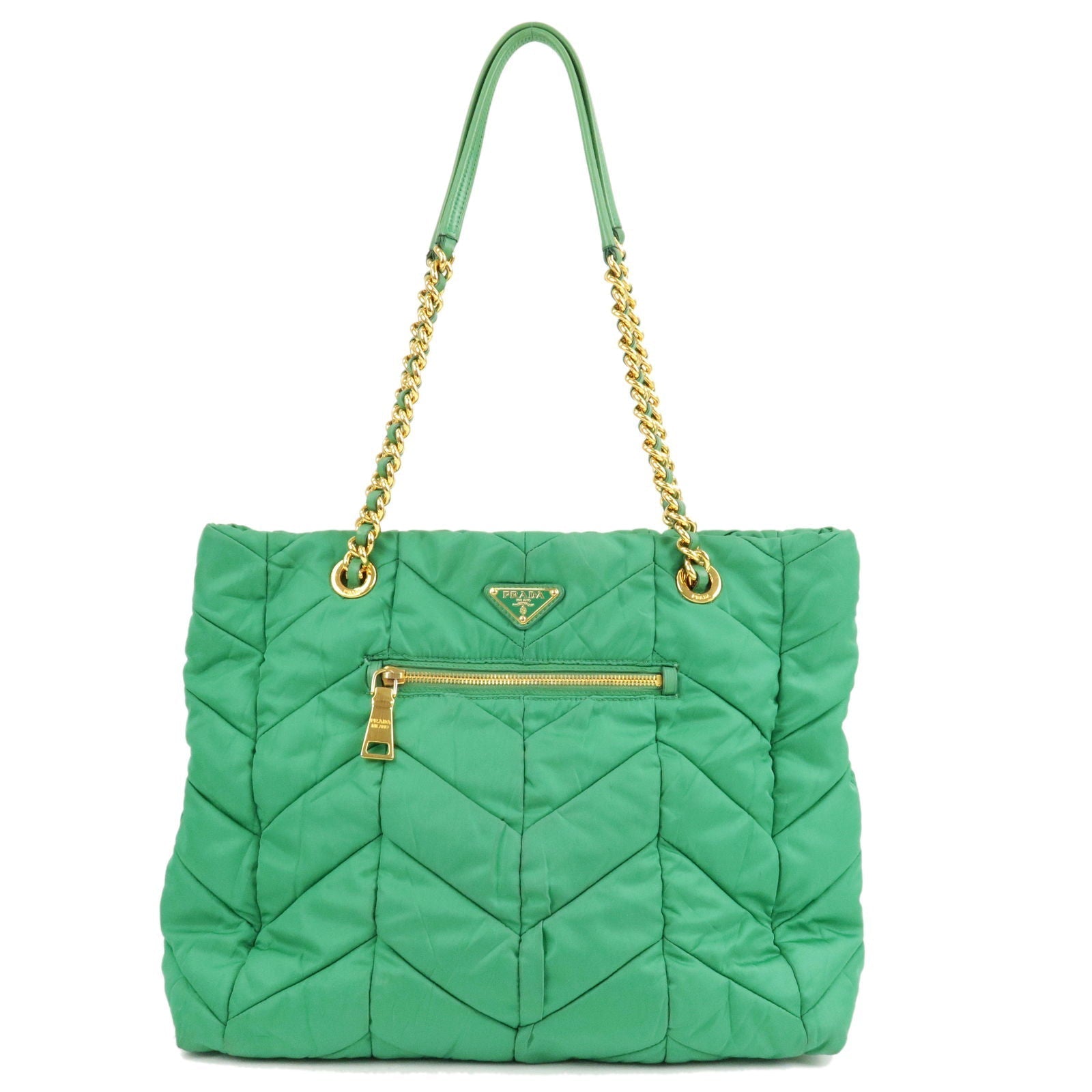Prada Prada Logo Nylon Leather Chain Tote Bag Green