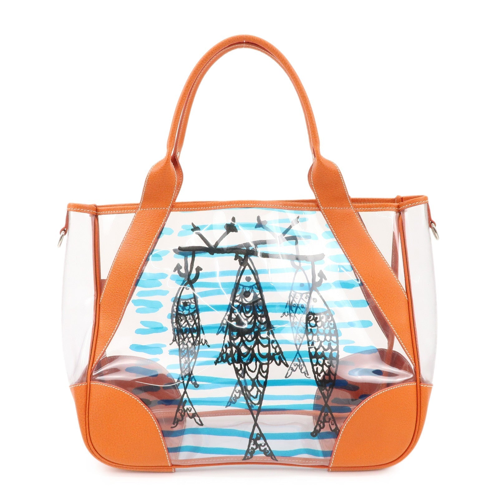 Prada Tote Bag PVC Fish Print Clear d Leather Orange