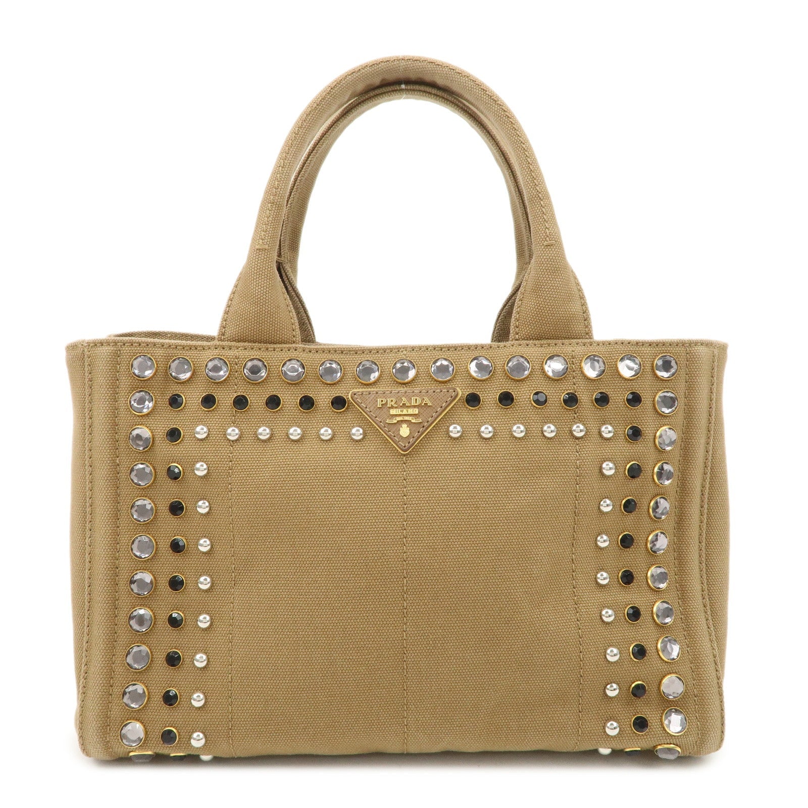 Prada Tote Bag Canapa Bijou Studs 2Way Hand d Canvas Brown Logo