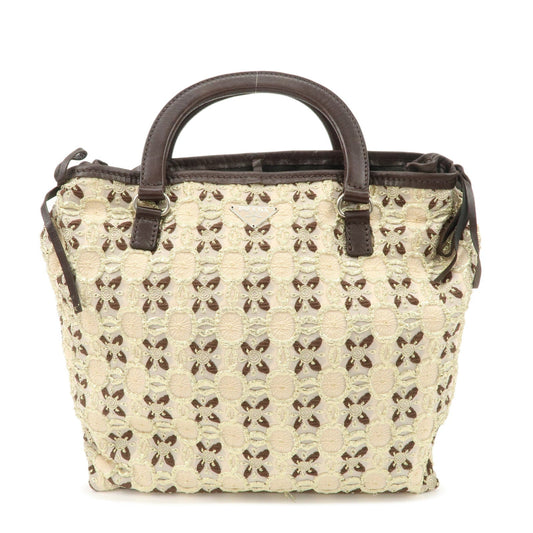 Prada Tote Bag Tweed Flower Embroidery Dark d Brown Beige Gold