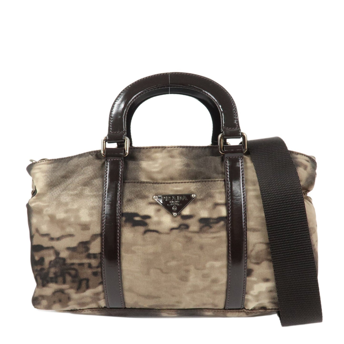 Prada 2Way Bag Beige Dark d Leather Patent Nylon Handbag