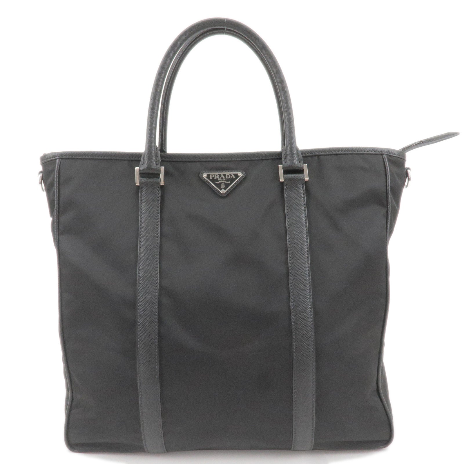 Prada Prada Logo Nylon Leather Tote Bag Nero Black