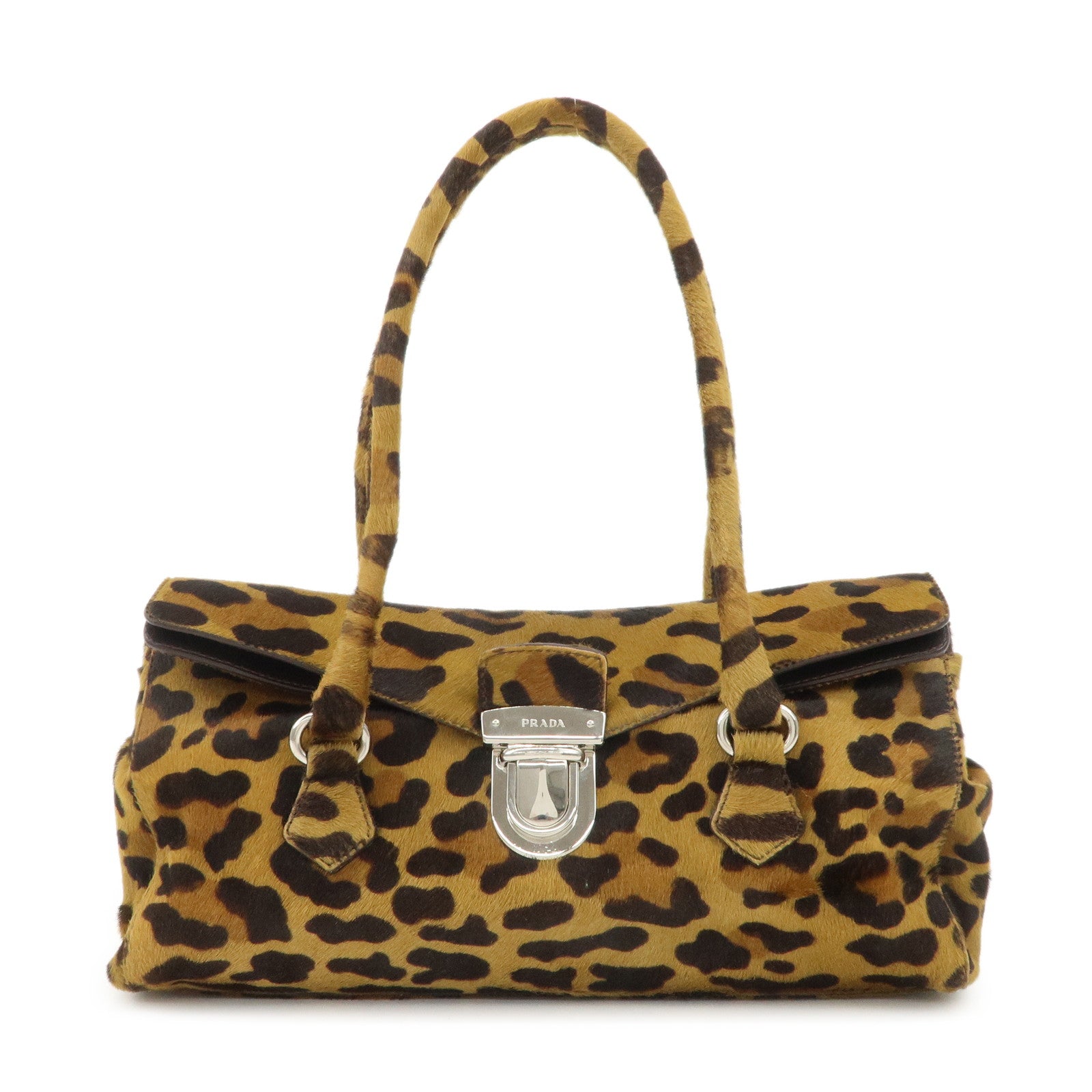 Prada Shoulder Bag Unborn Calf Leopard Hand Bag d Brown Logo