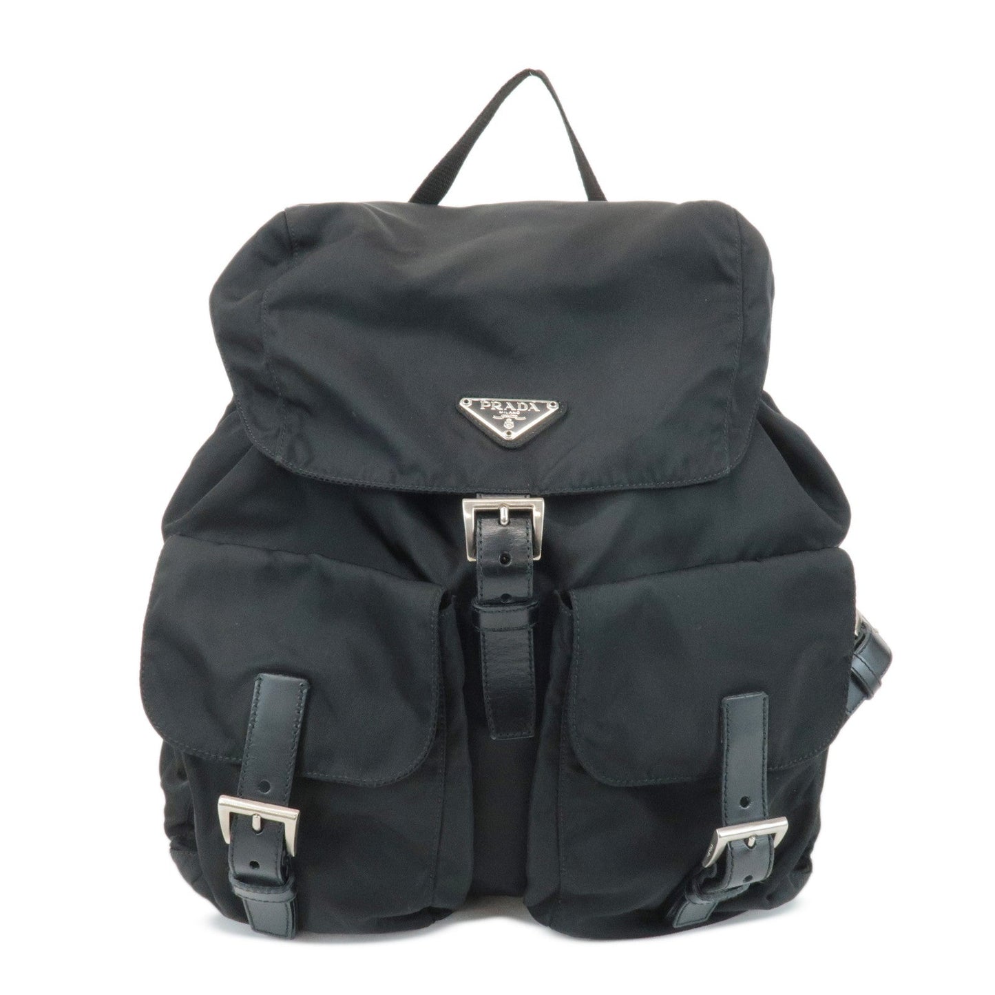 Prada Triangle Back Pack Ruck Sack d Leather Nylon Black Handbag
