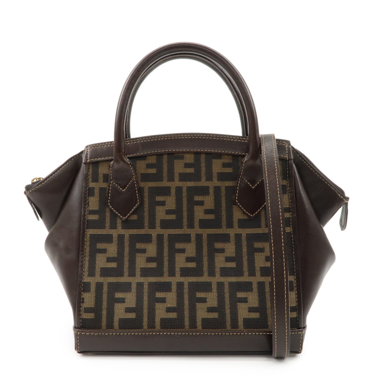 Fendi Shoulder Bag Zucca 2 way Hand Bag d Leather Canvas Brown