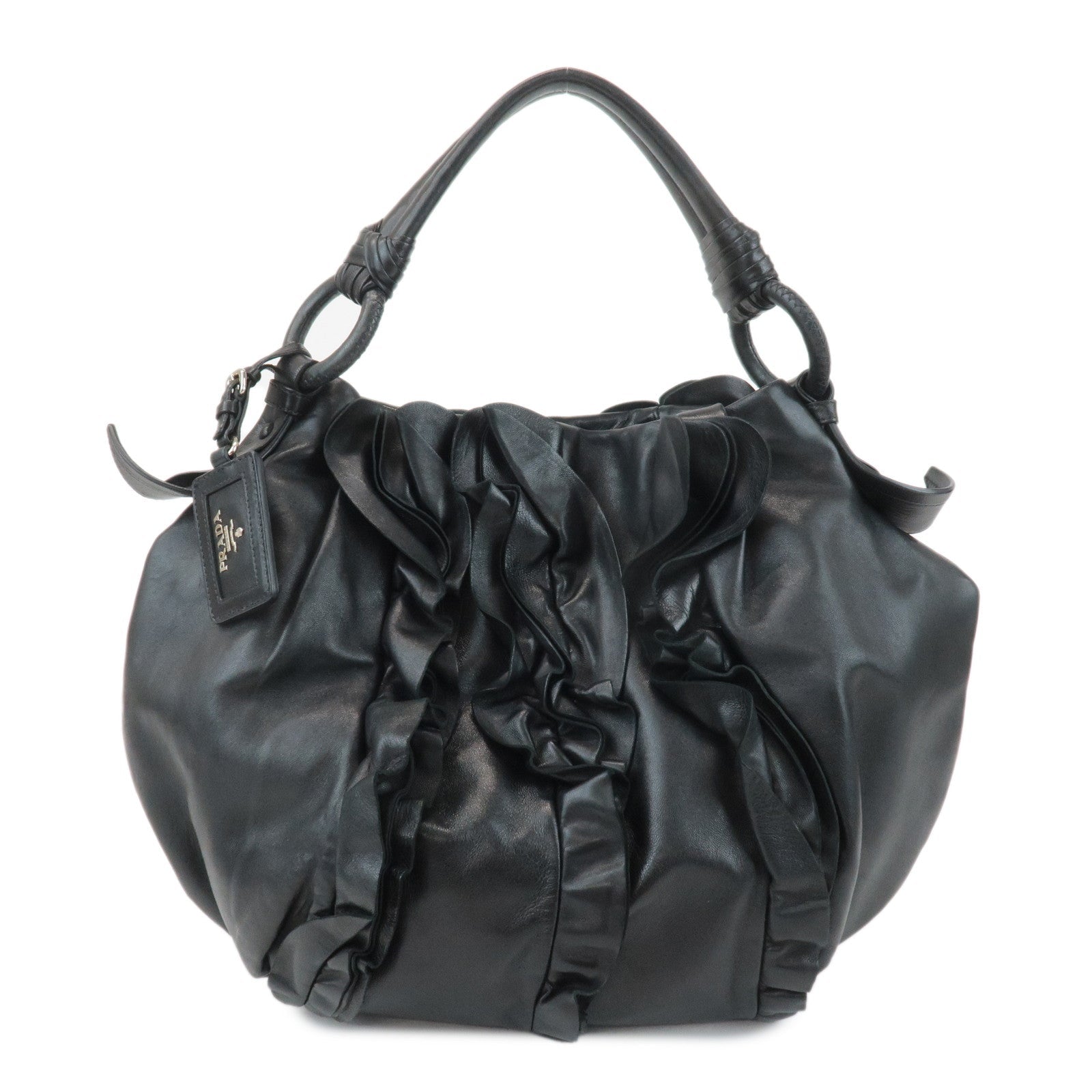 Prada Shoulder Bag Gathered Hand Bag d Leather Black