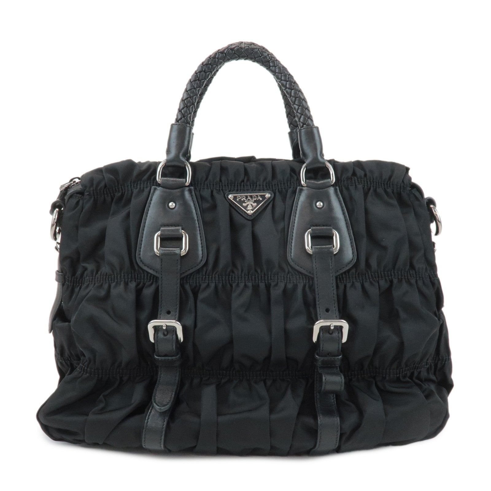 Prada Gathered 2Way Hand Bag d Leather Nylon Black Handbag